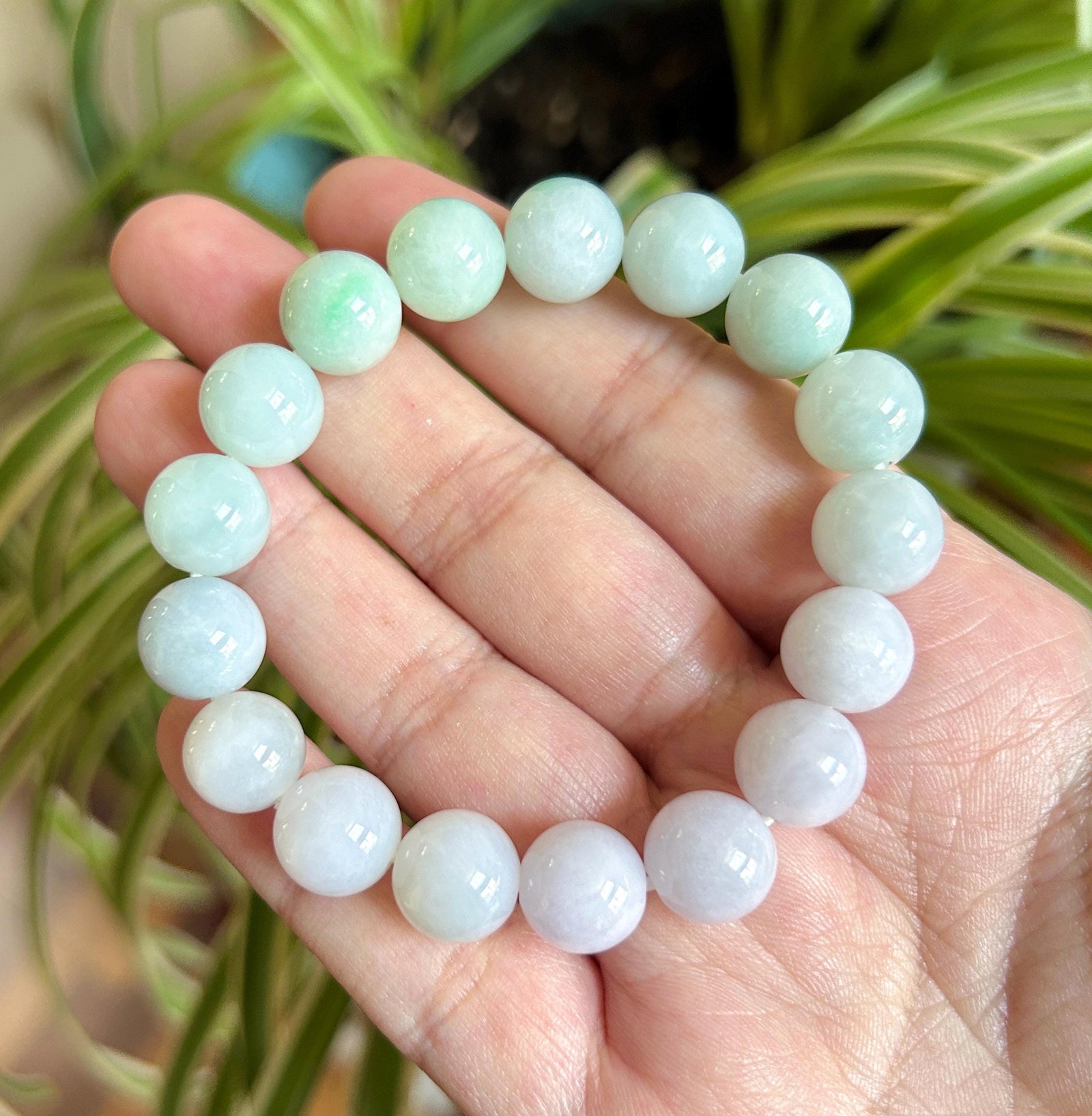 Natural Jadeite Beaded Bracelet Burmese Type A Untreated Icy Translucent Pastel Lavender & Green Gradient Jade 11.3mm BIG Beads
