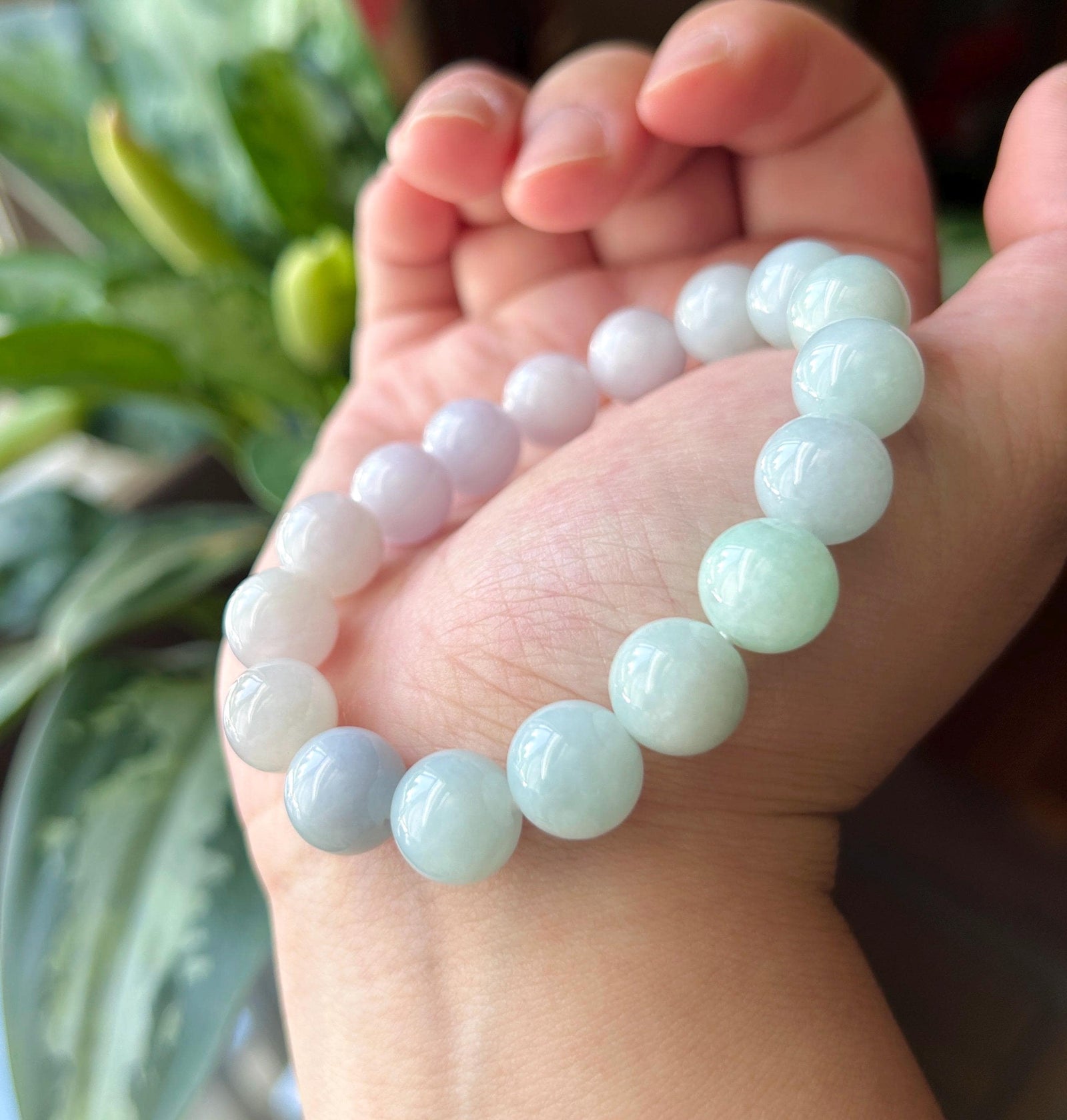 Natural Jadeite Beaded Bracelet Burmese Type A Untreated Icy Translucent Pastel Lavender & Green Gradient Jade 11.3mm BIG Beads