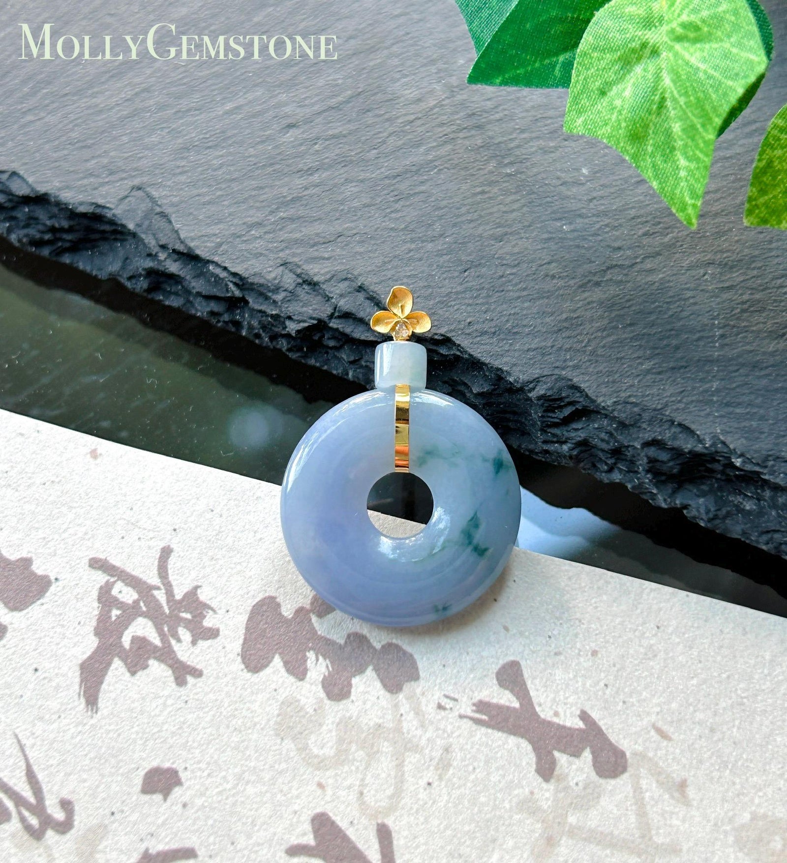 Natural Jadeite Donut Pendant Burmese Type A Icy Translucent Lavender with Blue Floral| Monet Garden Jade| 18k Solid Gold