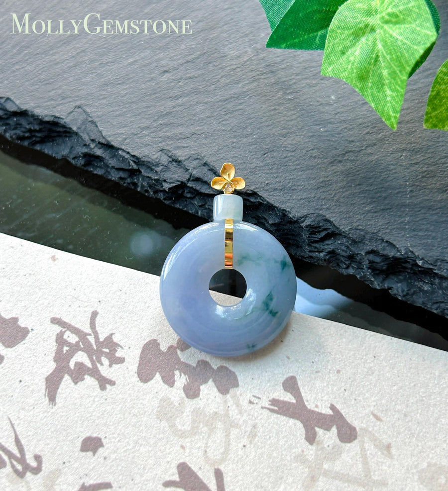 Natural Jadeite Donut Pendant Burmese Type A Icy Translucent Lavender with Blue Floral| Monet Garden Jade| 18k Solid Gold