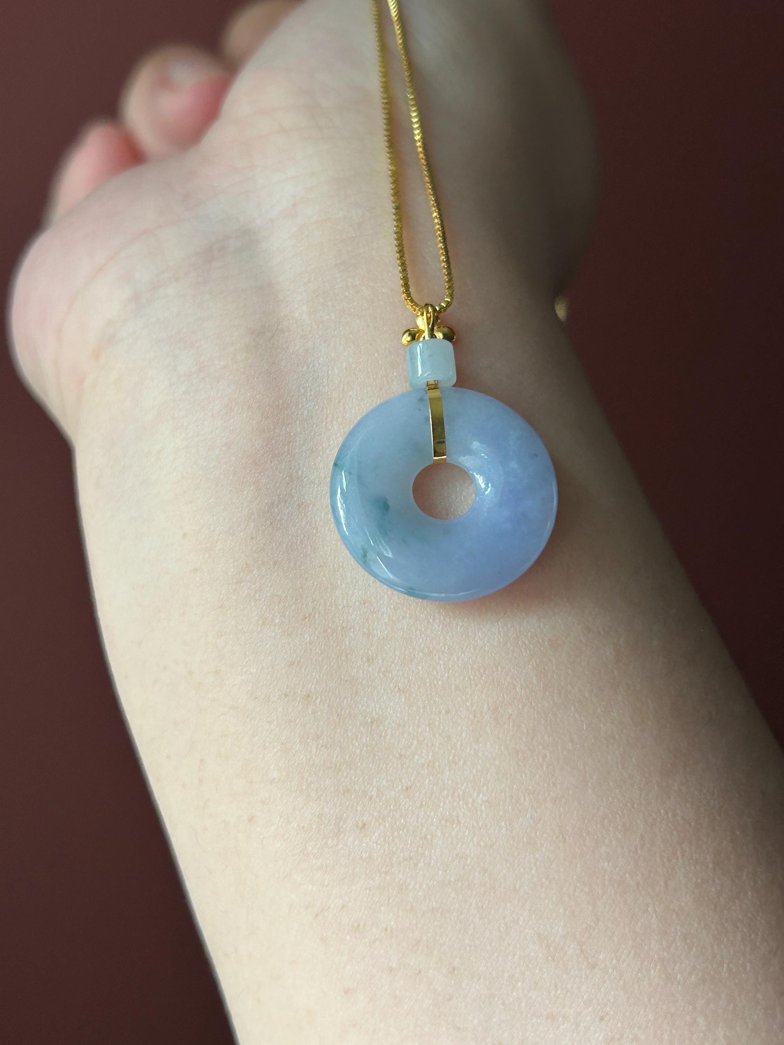 Natural Jadeite Donut Pendant Burmese Type A Icy Translucent Lavender with Blue Floral| Monet Garden Jade| 18k Solid Gold