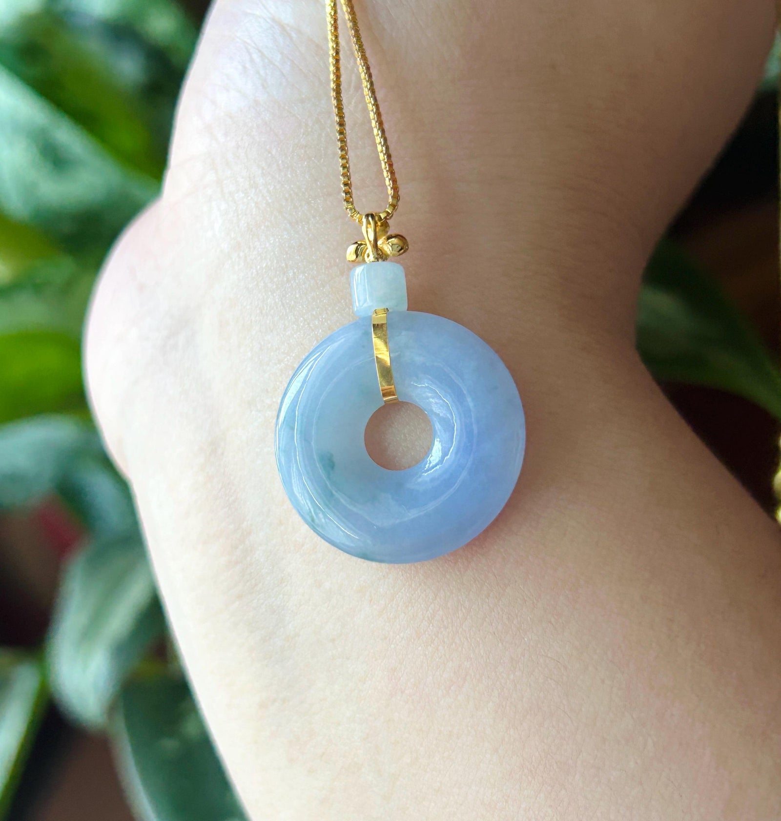 Natural Jadeite Donut Pendant Burmese Type A Icy Translucent Lavender with Blue Floral| Monet Garden Jade| 18k Solid Gold