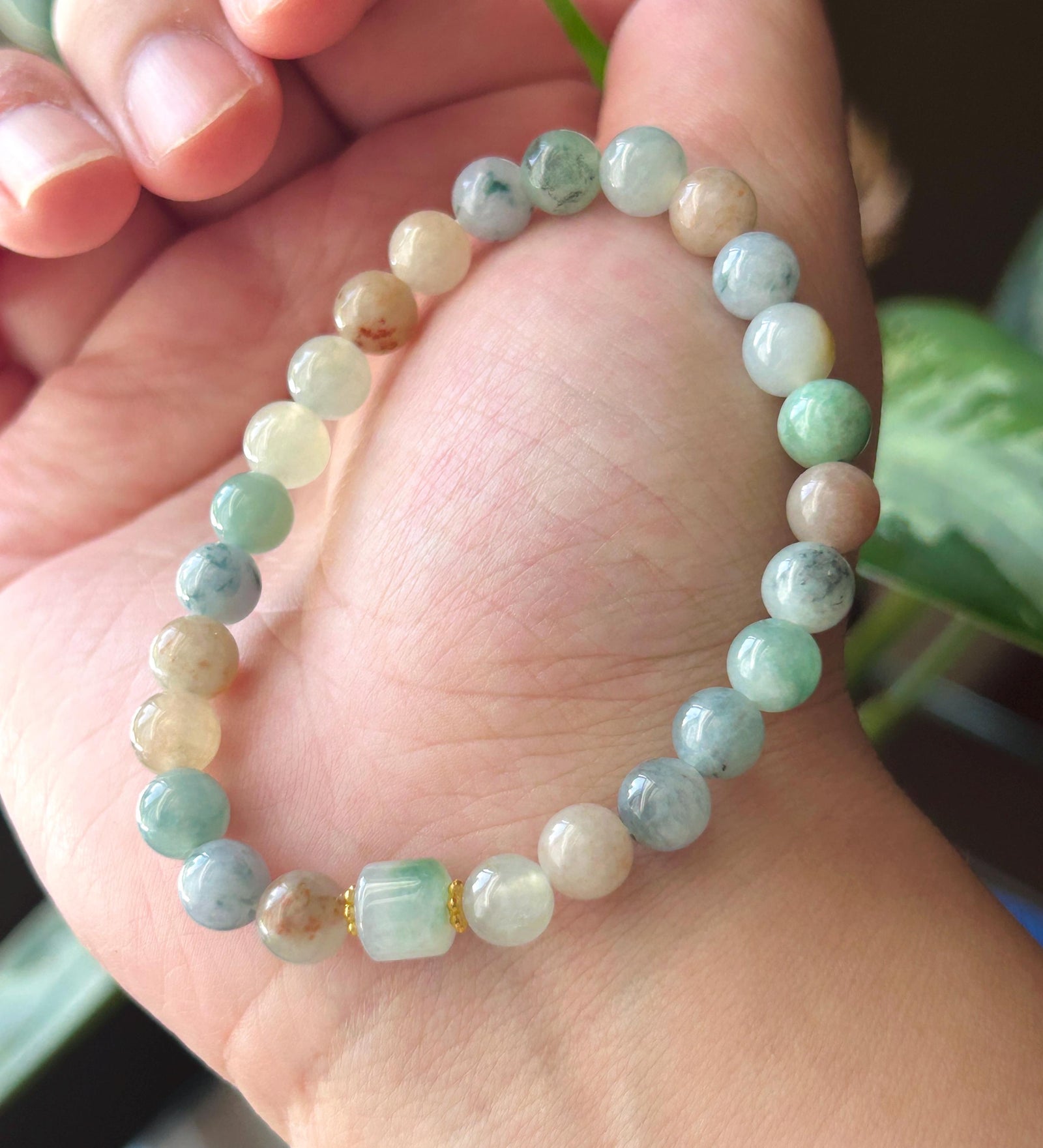 Natural Jadeite Beaded Bracelet Burmese Type A Icy Translucent Multicolor Floral Jade 7mm Minimalist Jewelry