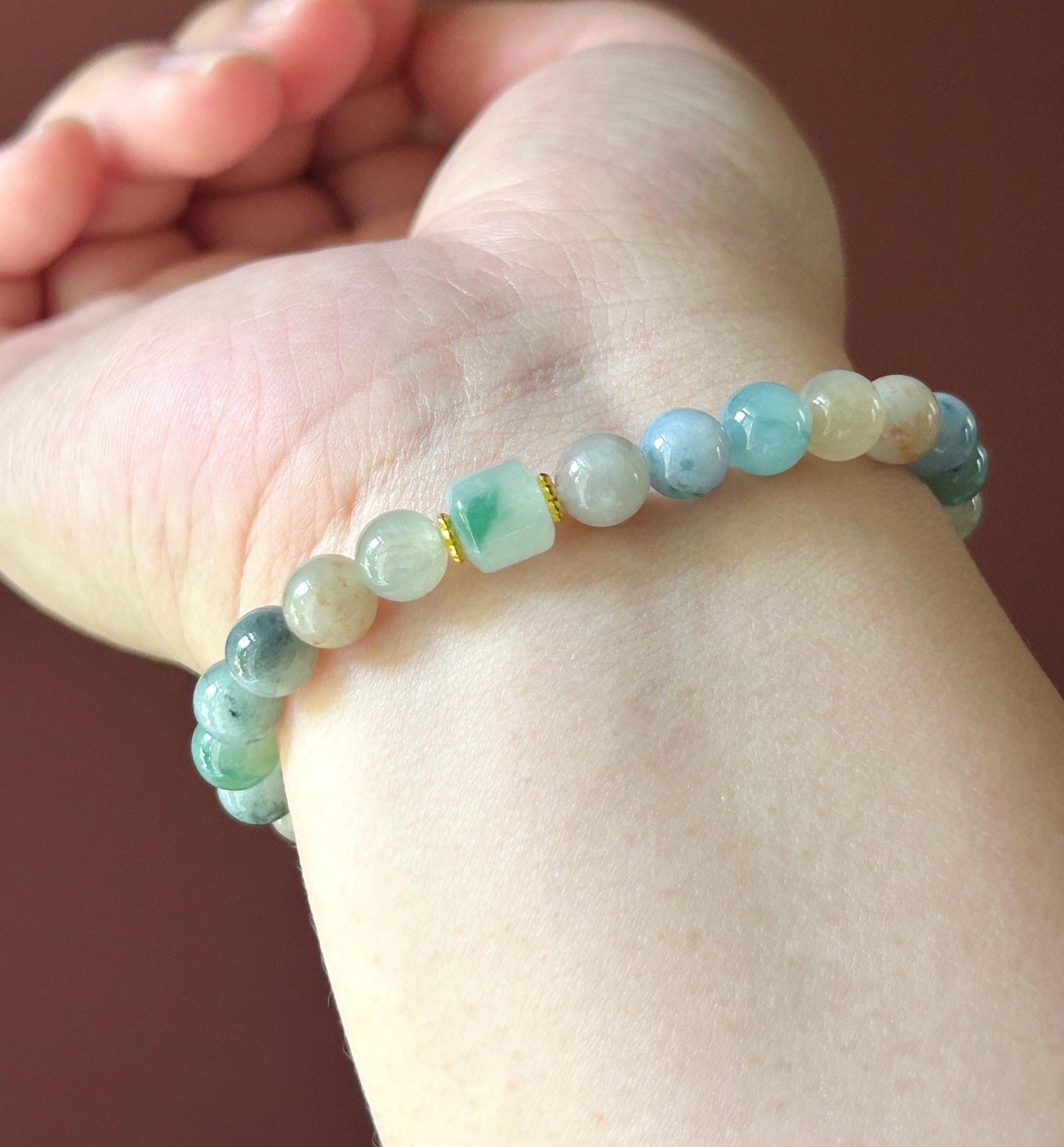 Natural Jadeite Beaded Bracelet Burmese Type A Icy Translucent Multicolor Floral Jade 7mm Minimalist Jewelry
