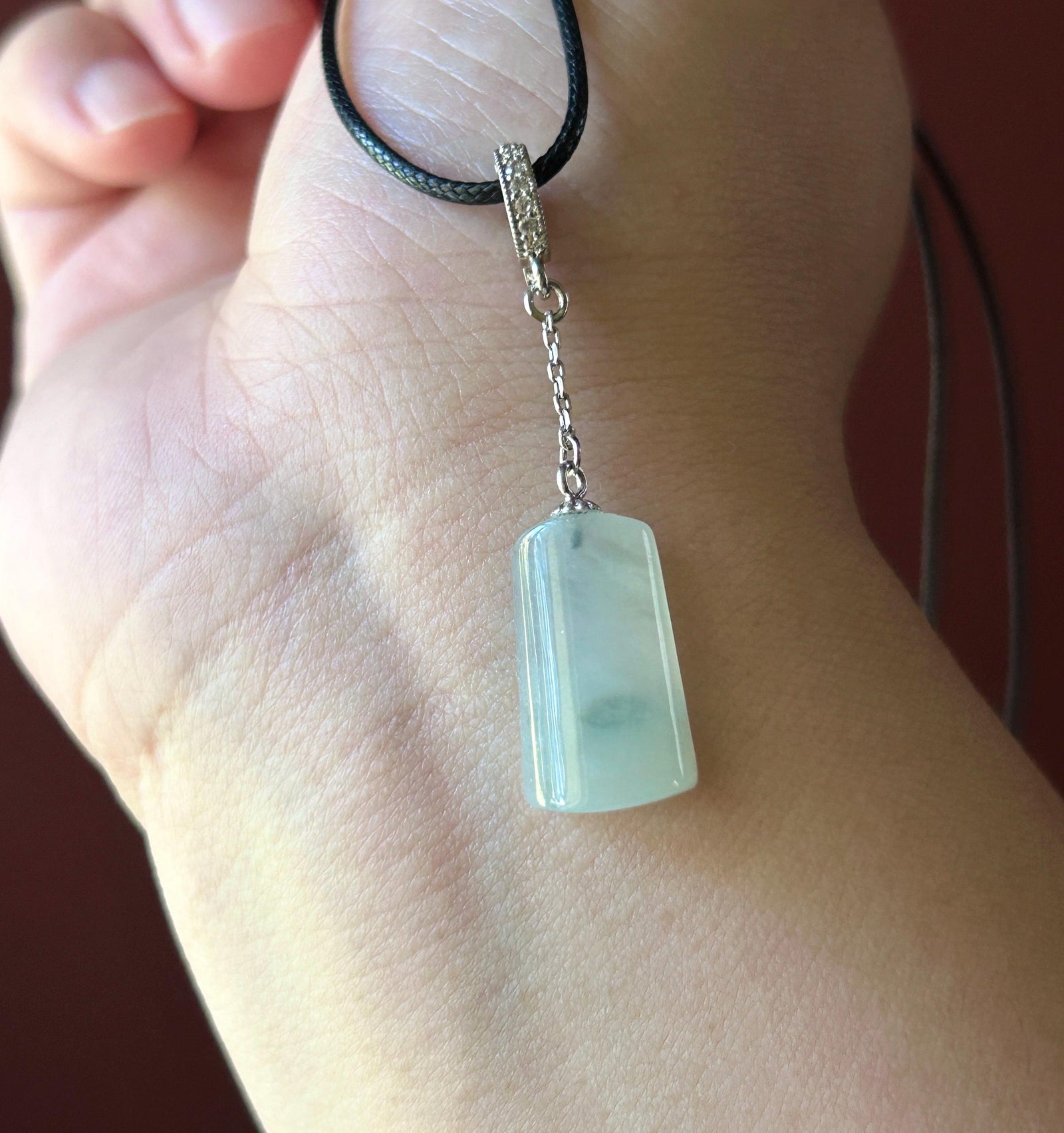 Natural Jadeite Peace Plaque Pendant | Burmese Type A Highly Translucent Icy Light Blue Floral Jade, 925 Sterling Silver, Minimalist Jewelry