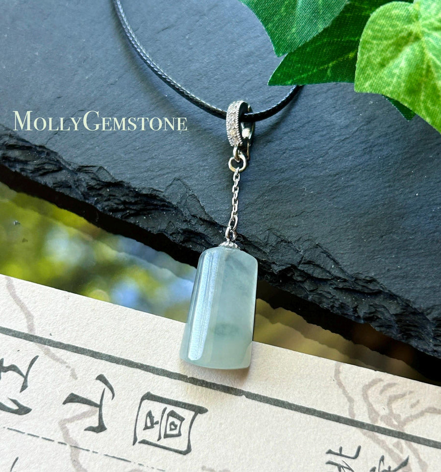 Natural Jadeite Peace Plaque Pendant | Burmese Type A Highly Translucent Icy Light Blue Floral Jade, 925 Sterling Silver, Minimalist Jewelry