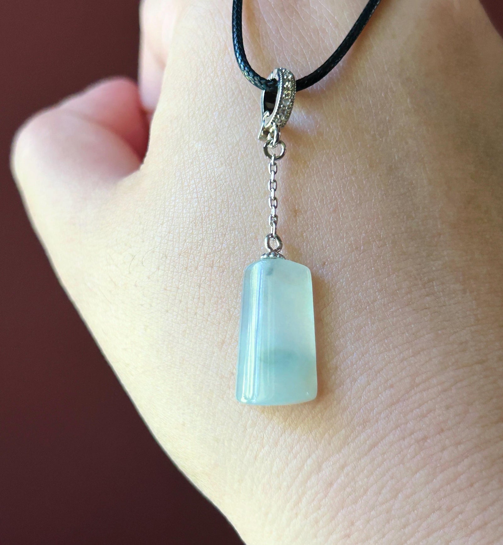 Natural Jadeite Peace Plaque Pendant | Burmese Type A Highly Translucent Icy Light Blue Floral Jade, 925 Sterling Silver, Minimalist Jewelry