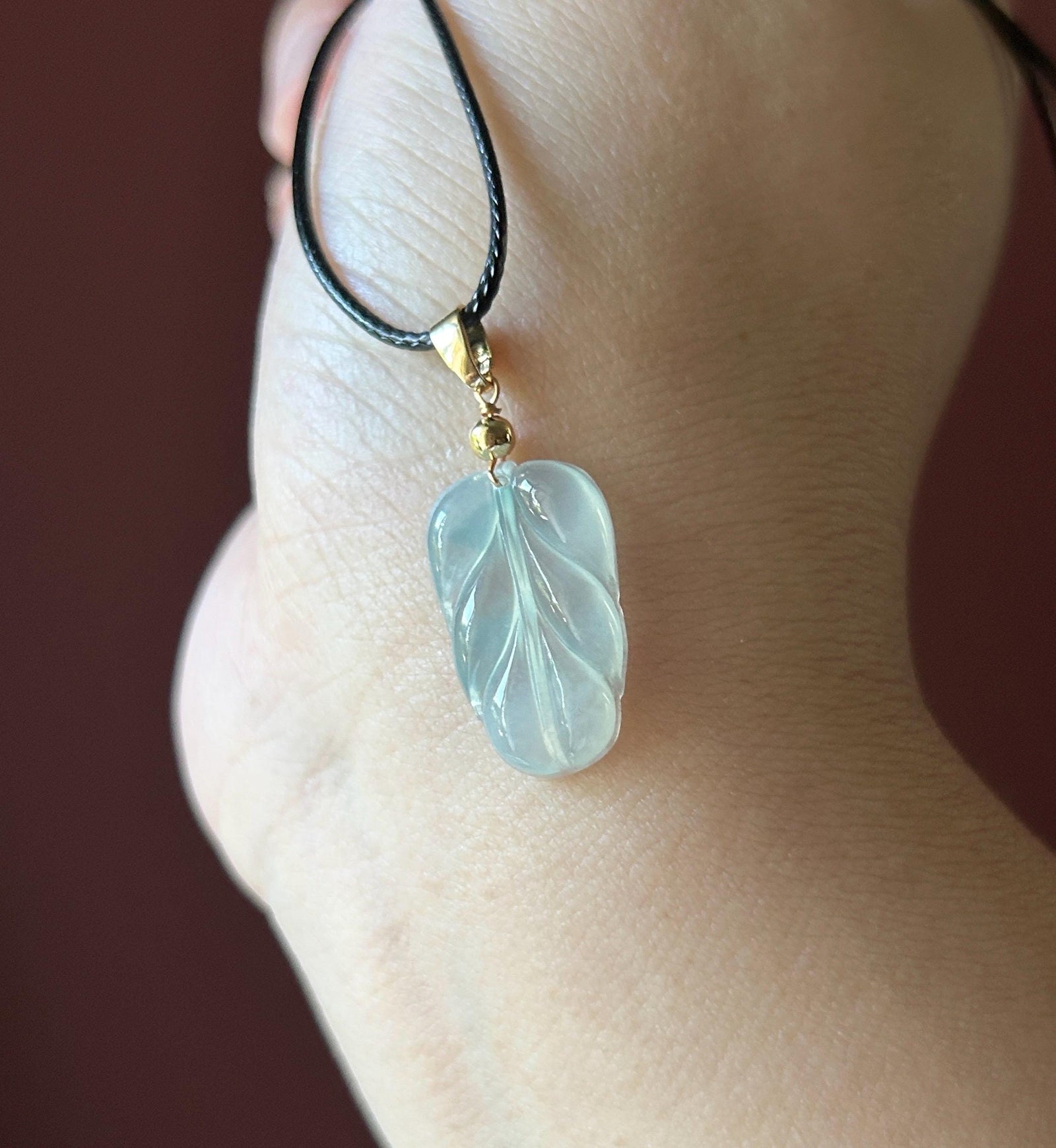 Natural Jadeite Leaf Pendant | Burmese Type A Highly Translucent Icy Blue Floral Jade, Minimalist Jewelry