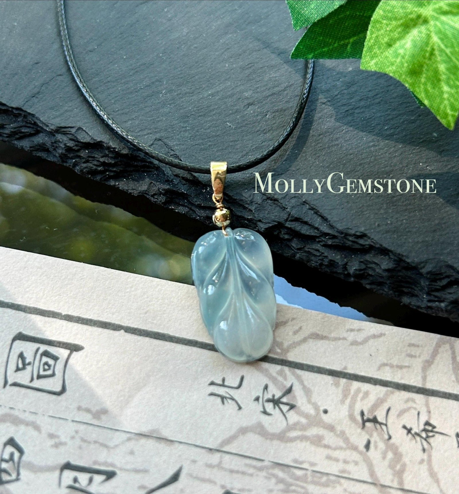 Natural Jadeite Leaf Pendant | Burmese Type A Highly Translucent Icy Blue Floral Jade, Minimalist Jewelry