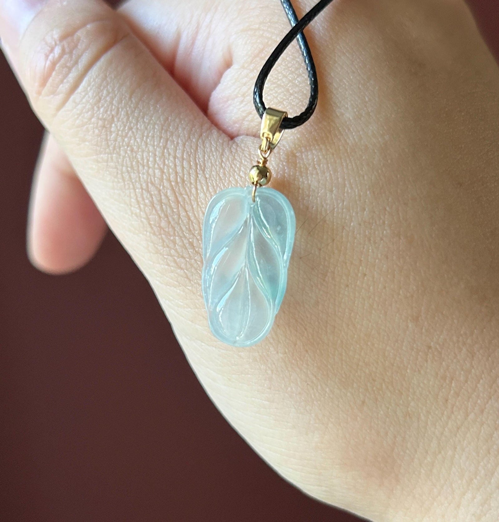 Natural Jadeite Leaf Pendant | Burmese Type A Highly Translucent Icy Blue Floral Jade, Minimalist Jewelry