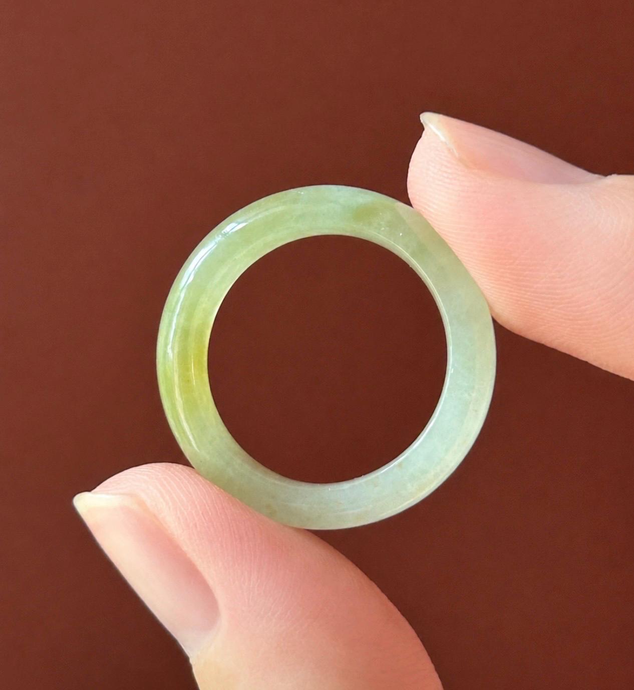 Natural Jadeite Ring Band | Burmese Type A Translucent Icy Glutinous Light Green & Tea Yellow Gradient Color | US Size 8/9