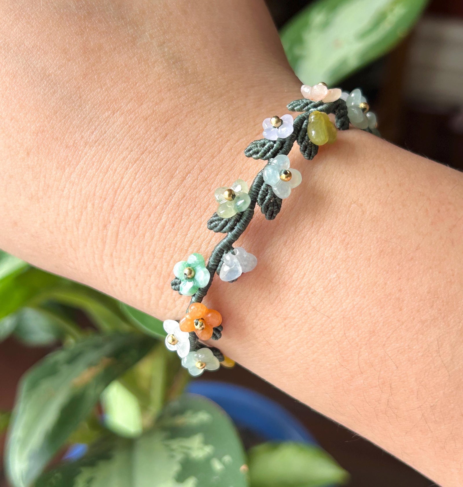 Natural Jadeite Butterfly Flower Bracelet Burmese Type A Highly Translucent Icy Multicolor Jade | Handwoven Artisan Botanical Jewelry