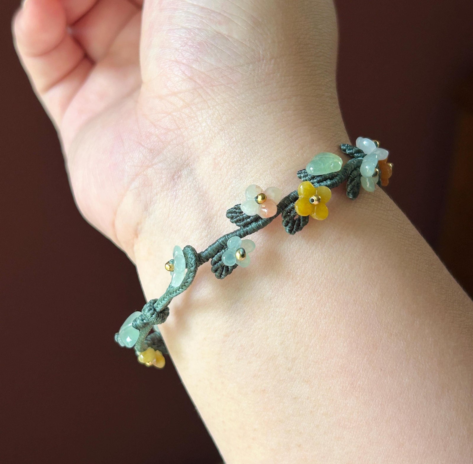 Natural Jadeite Butterfly Flower Bracelet Burmese Type A Highly Translucent Icy Multicolor Jade | Handwoven Artisan Botanical Jewelry