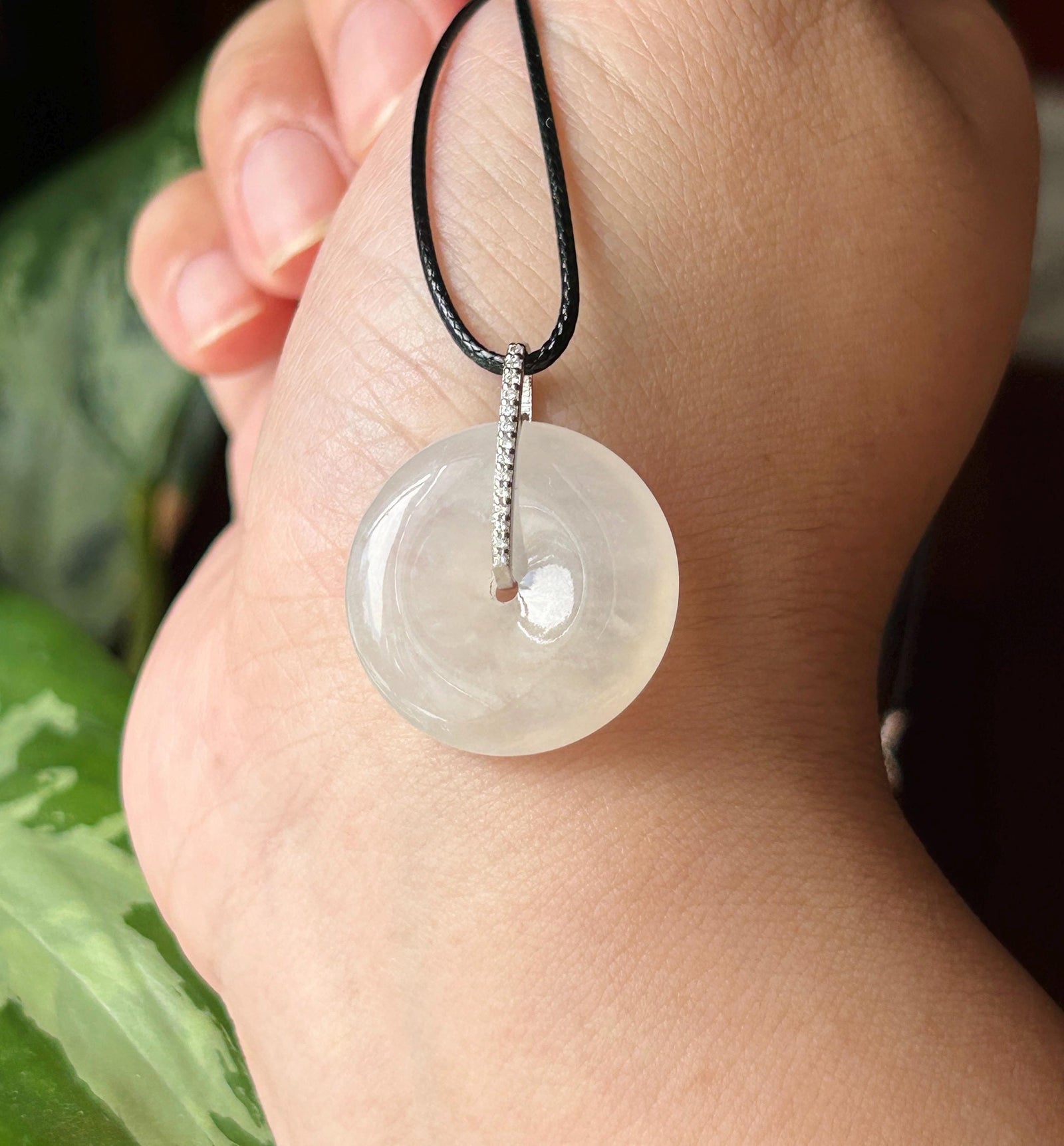 Natural Jadeite Lucky Donut Pendant| Sterling Silver Bail| Burmese Type A Highly Translucent Icy White Jade PingAnKou 23 x 5.6mm