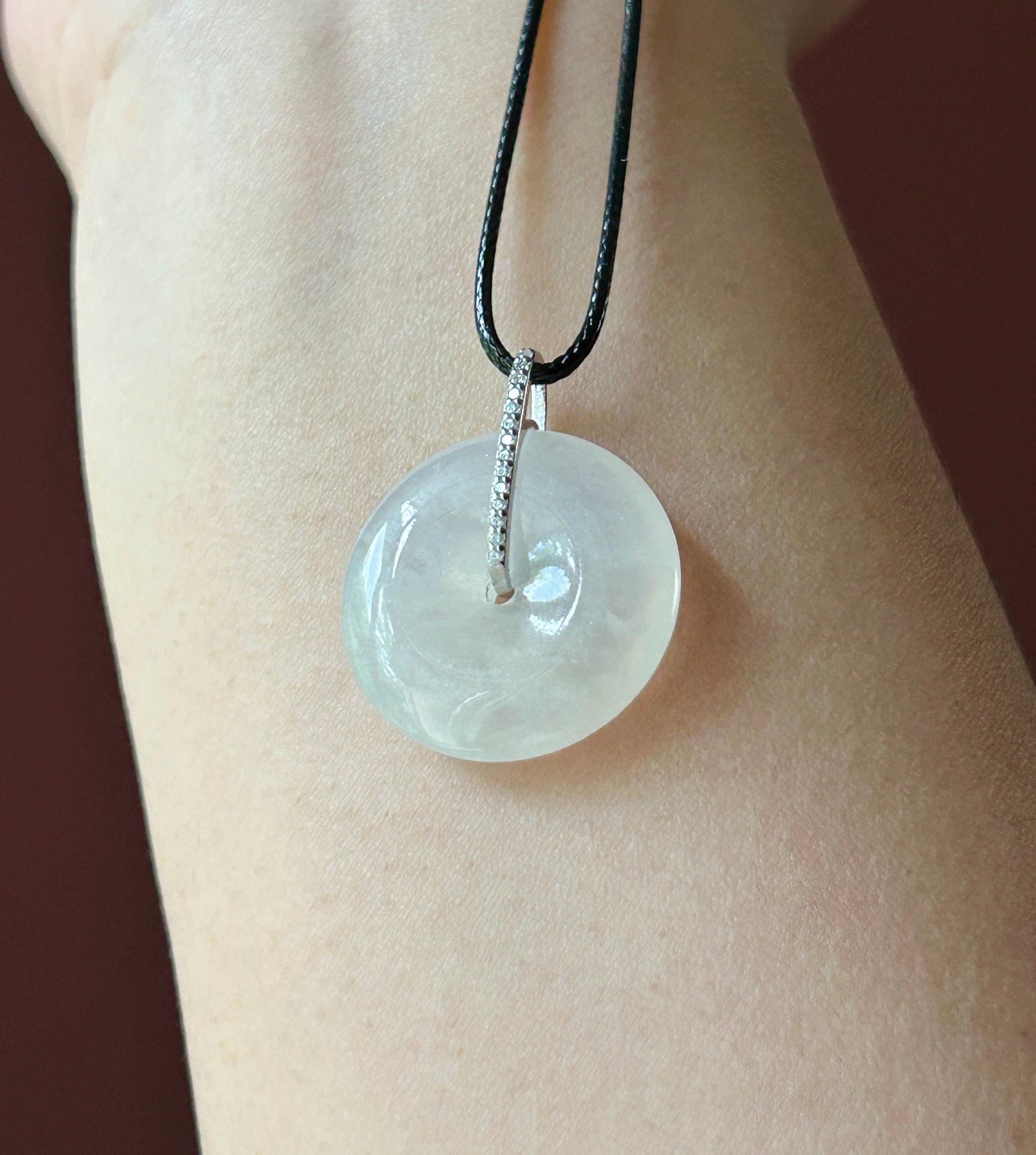 Natural Jadeite Lucky Donut Pendant| Sterling Silver Bail| Burmese Type A Highly Translucent Icy White Jade PingAnKou 23 x 5.6mm