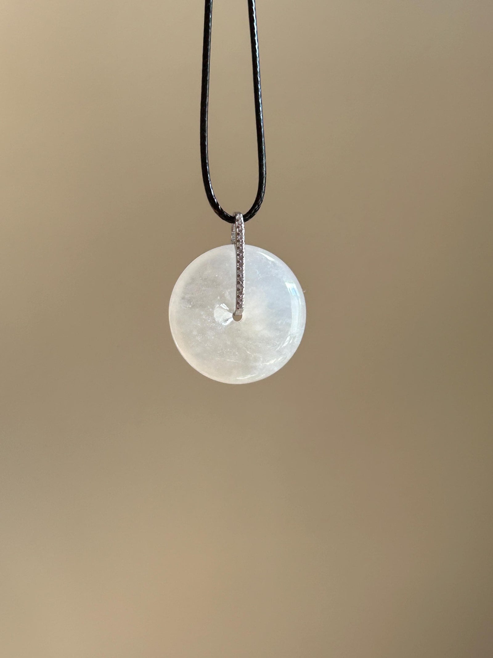 Natural Jadeite Lucky Donut Pendant| Sterling Silver Bail| Burmese Type A Highly Translucent Icy White Jade PingAnKou 23 x 5.6mm