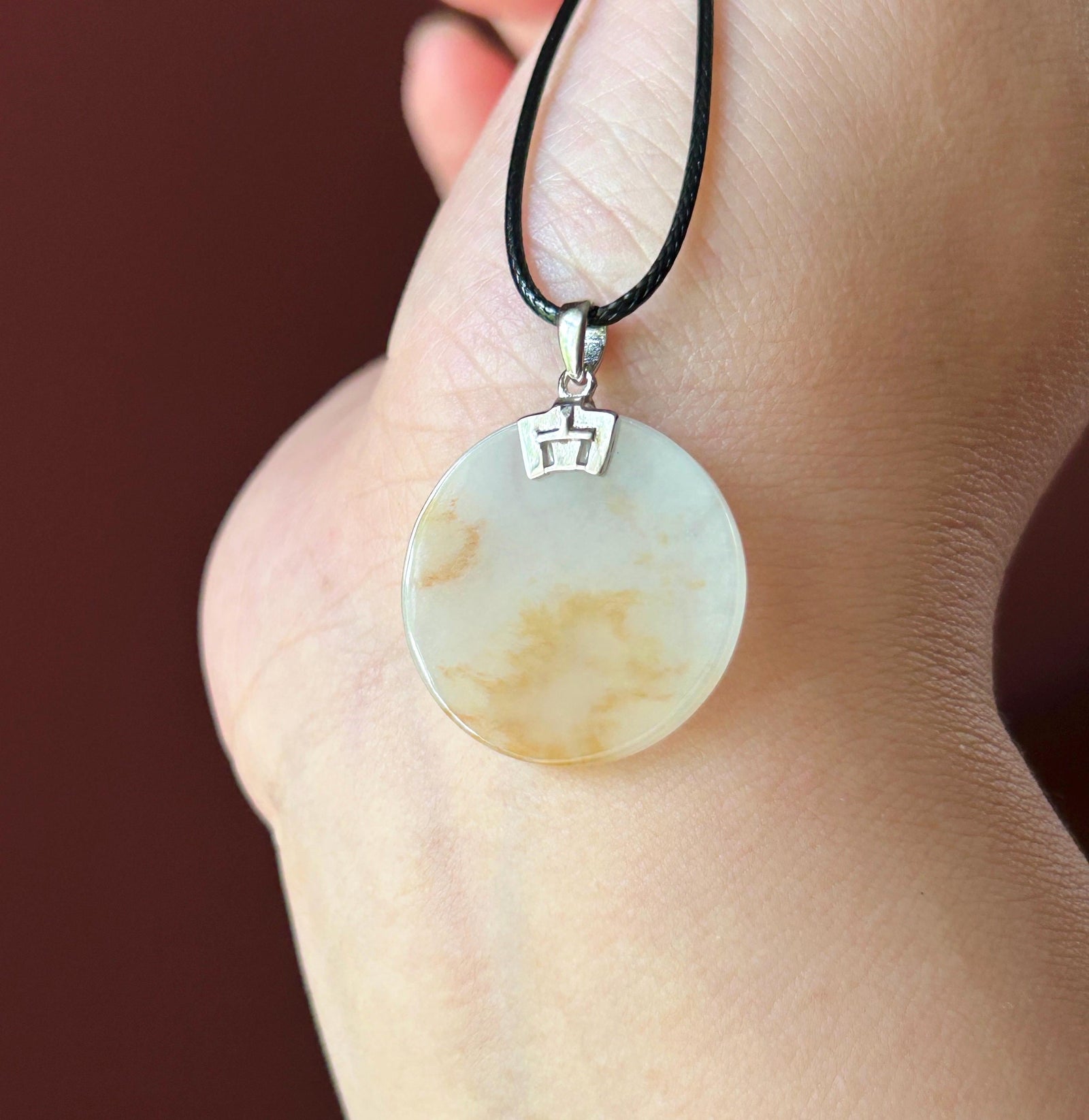 Natural Jadeite Peace Plaque Pendant| Sterling Silver Bail| Burmese Type A Translucent Icy White & Red Floral Jade