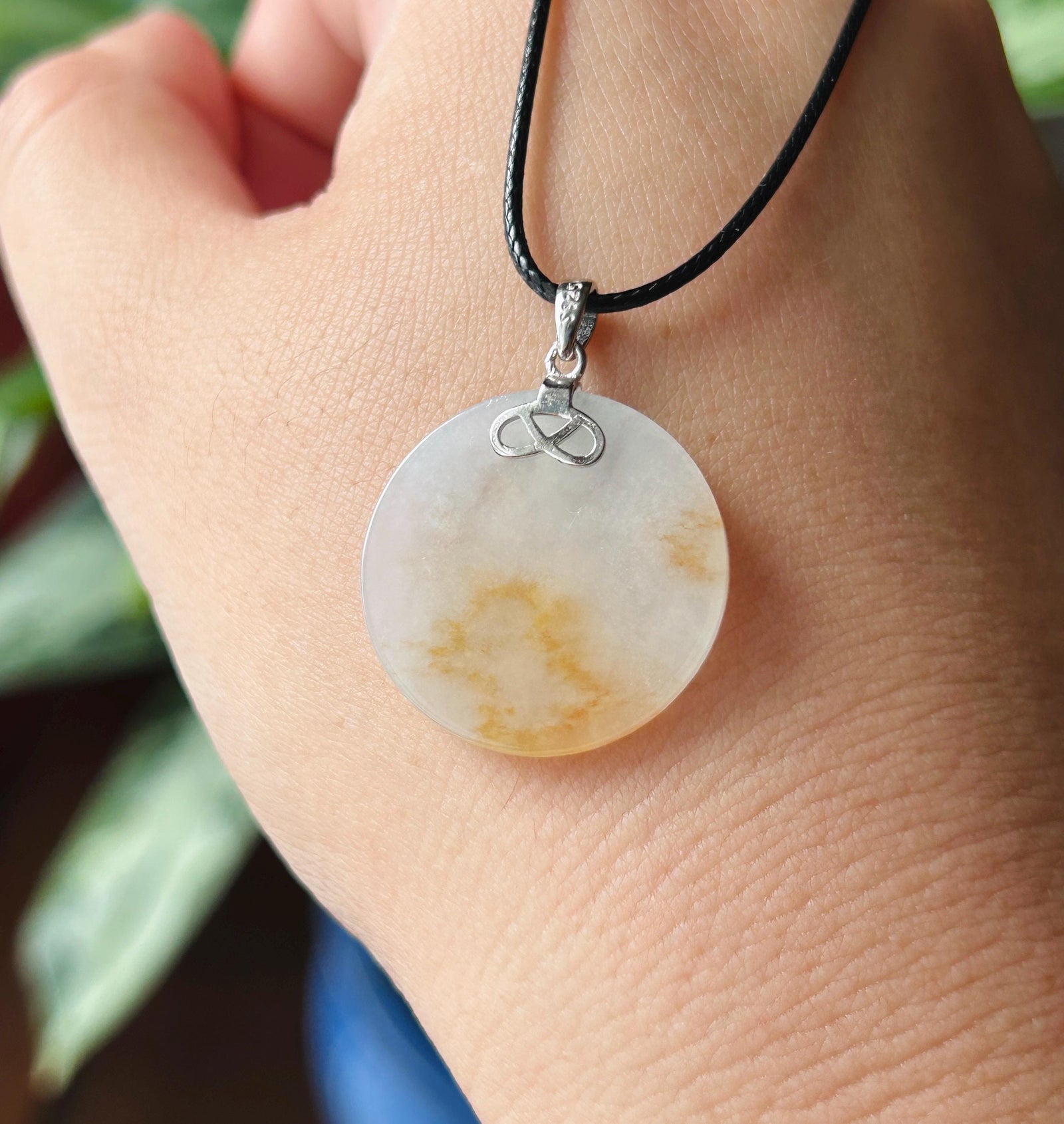 Natural Jadeite Peace Plaque Pendant| Sterling Silver Bail| Burmese Type A Translucent Icy White & Red Floral Jade