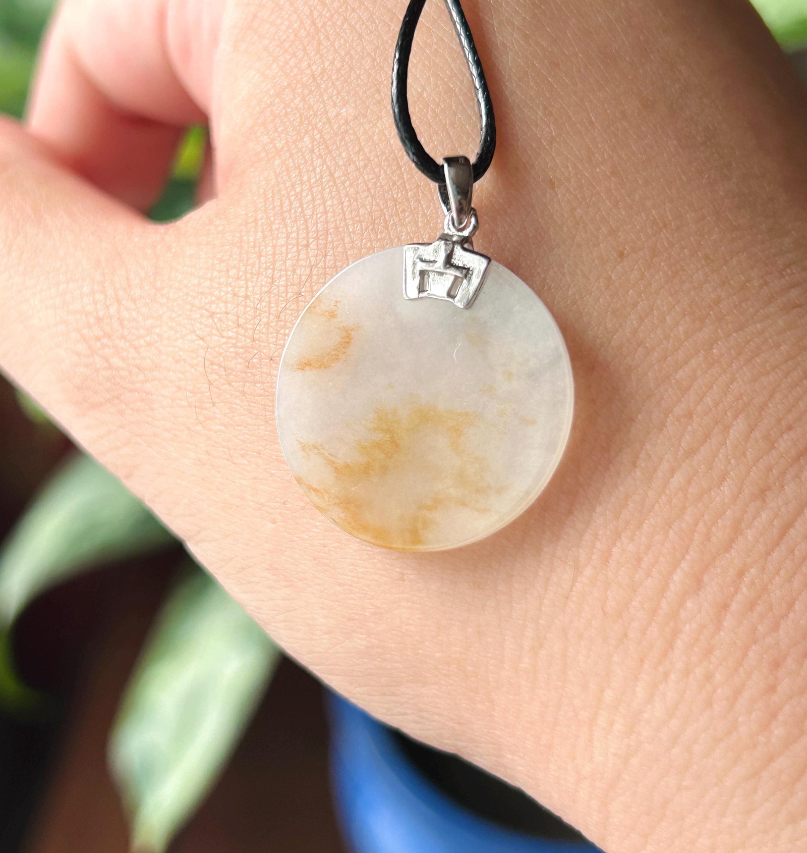 Natural Jadeite Peace Plaque Pendant| Sterling Silver Bail| Burmese Type A Translucent Icy White & Red Floral Jade