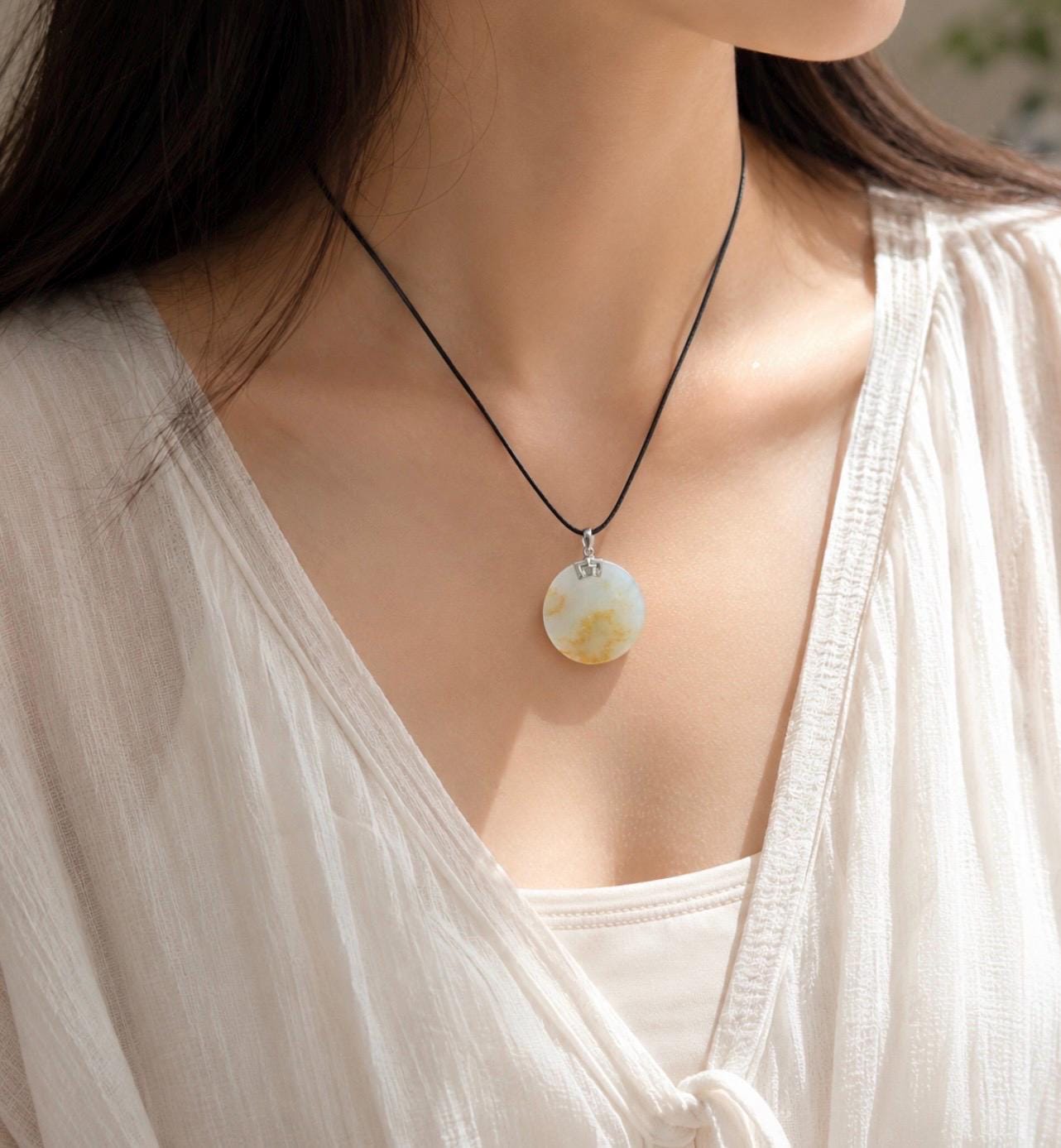 Natural Jadeite Peace Plaque Pendant| Sterling Silver Bail| Burmese Type A Translucent Icy White & Red Floral Jade