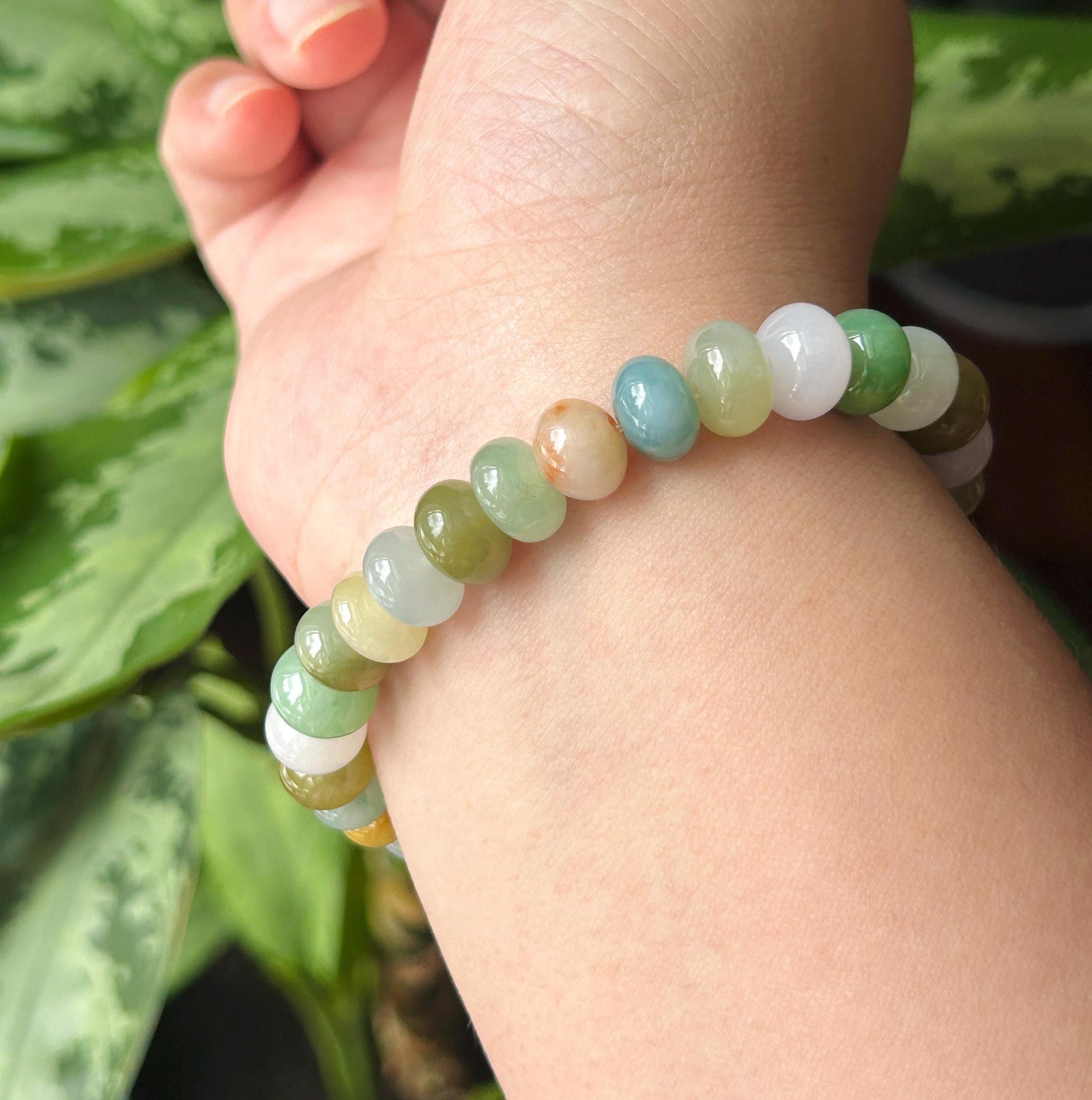Natural Jadeite Beaded Bracelet Burmese Type A Translucent Icy Multicolor Floral Jade 9.5mm | Autumn Color Jewelry