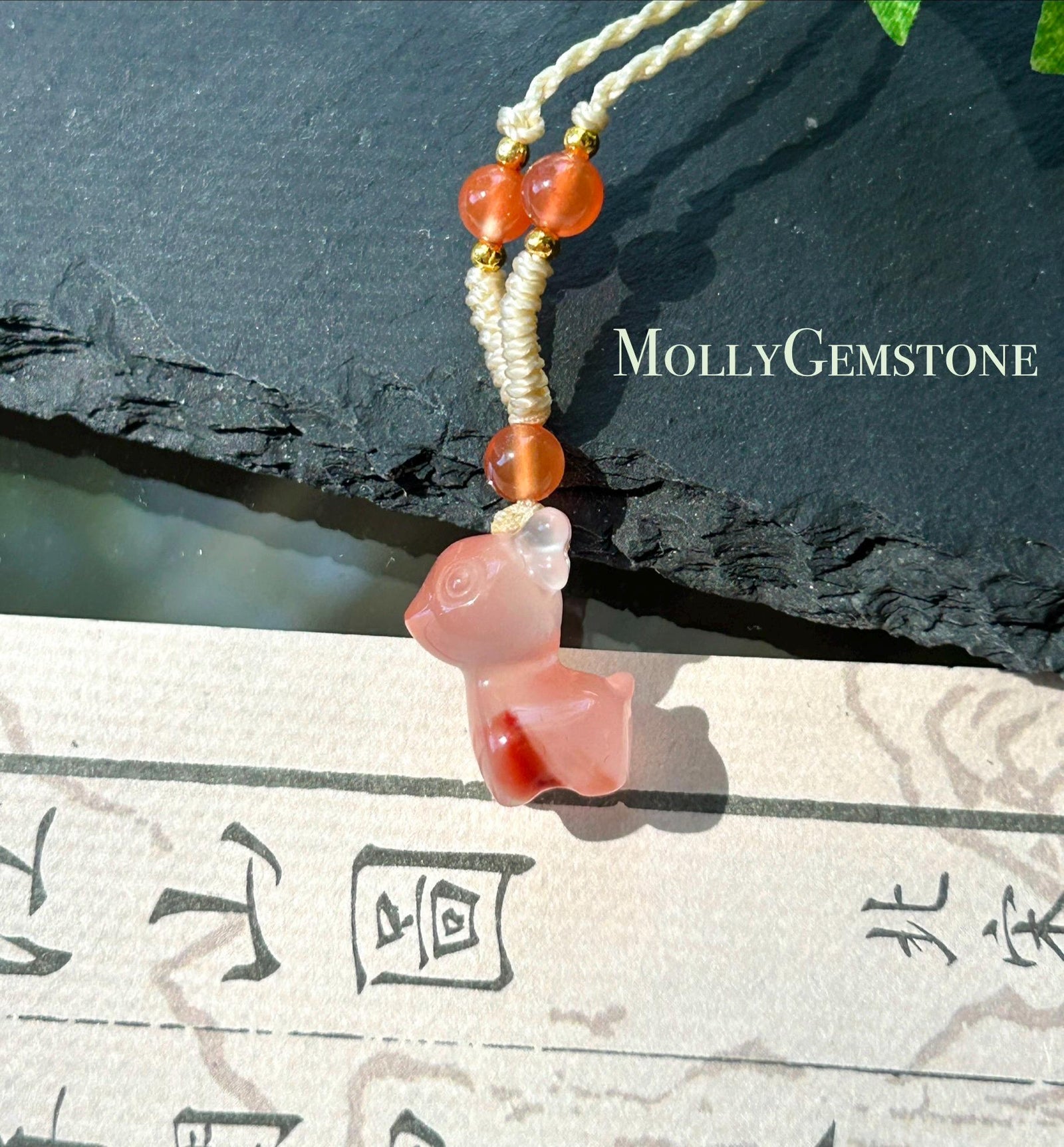 Natural Nanhong Agate Cute Deer Pendant Handwoven Necklace| Protection Amulet | South Red Floral Agate | Lucky Jade Charm