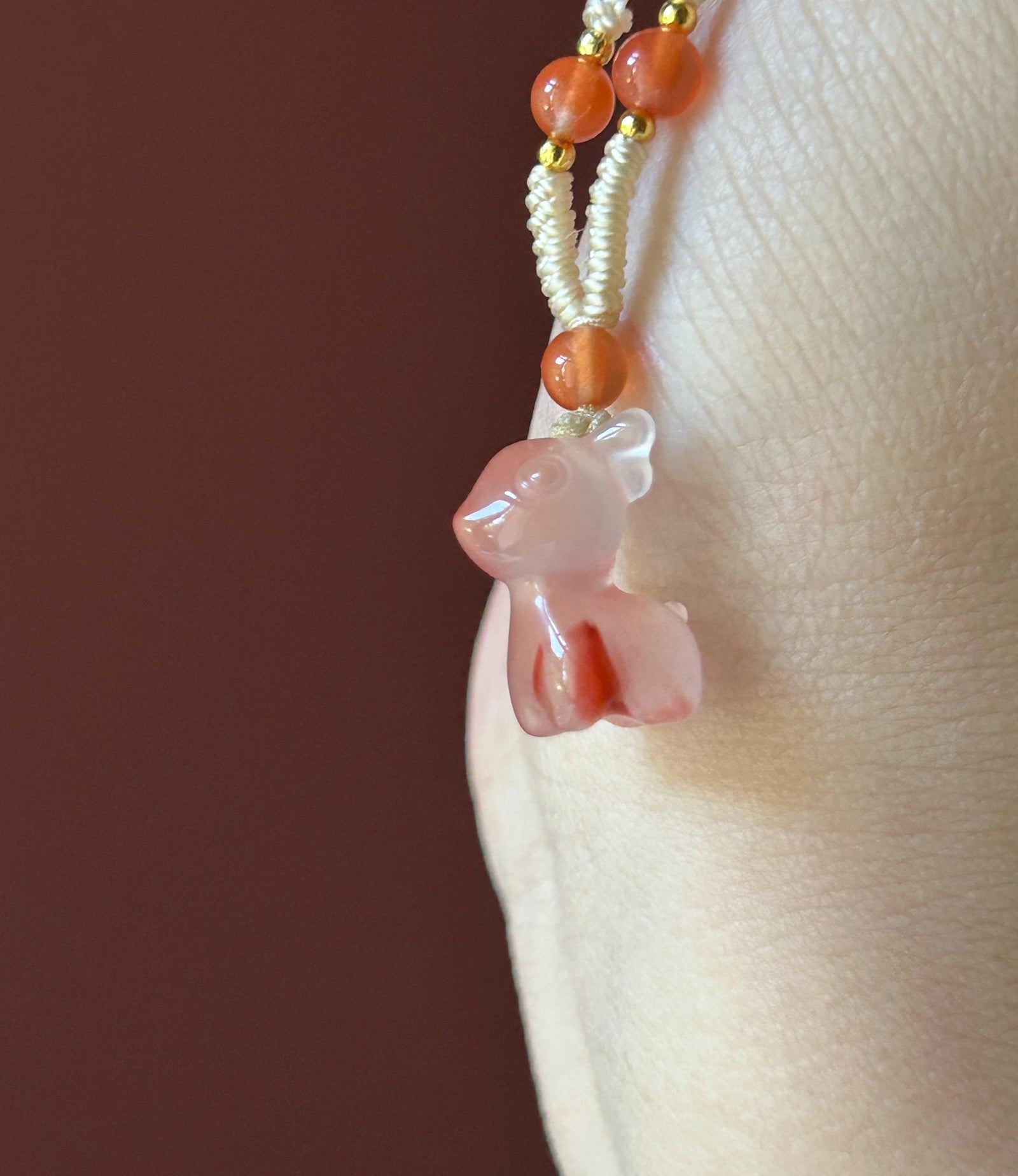 Natural Nanhong Agate Cute Deer Pendant Handwoven Necklace| Protection Amulet | South Red Floral Agate | Lucky Jade Charm