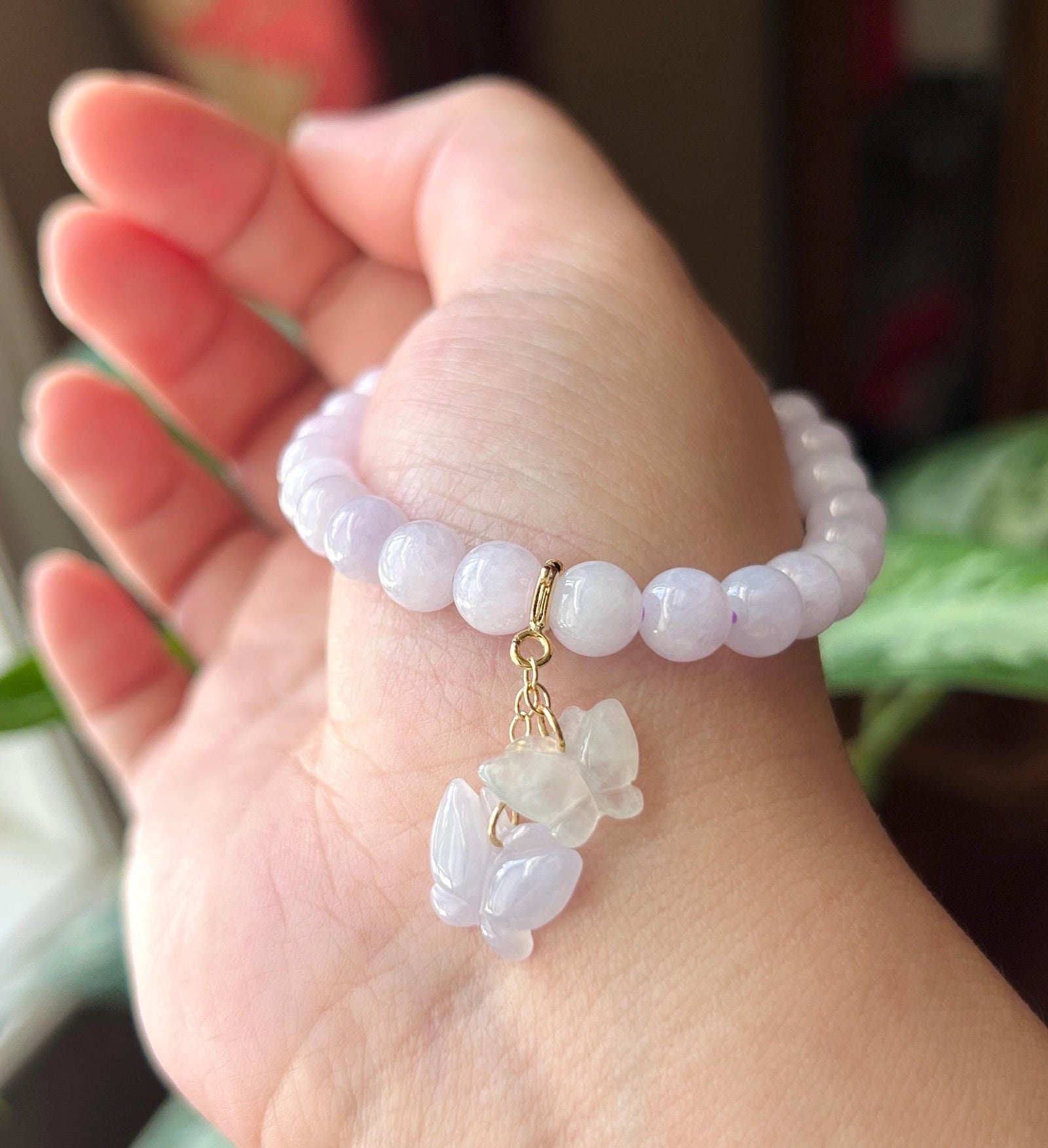 Natural Jadeite Beaded Bracelet Burmese Type A Fine Glutinous Icy Pinkish Lavender Jade 7mm Minimalist Jewelry Butterfly Charm