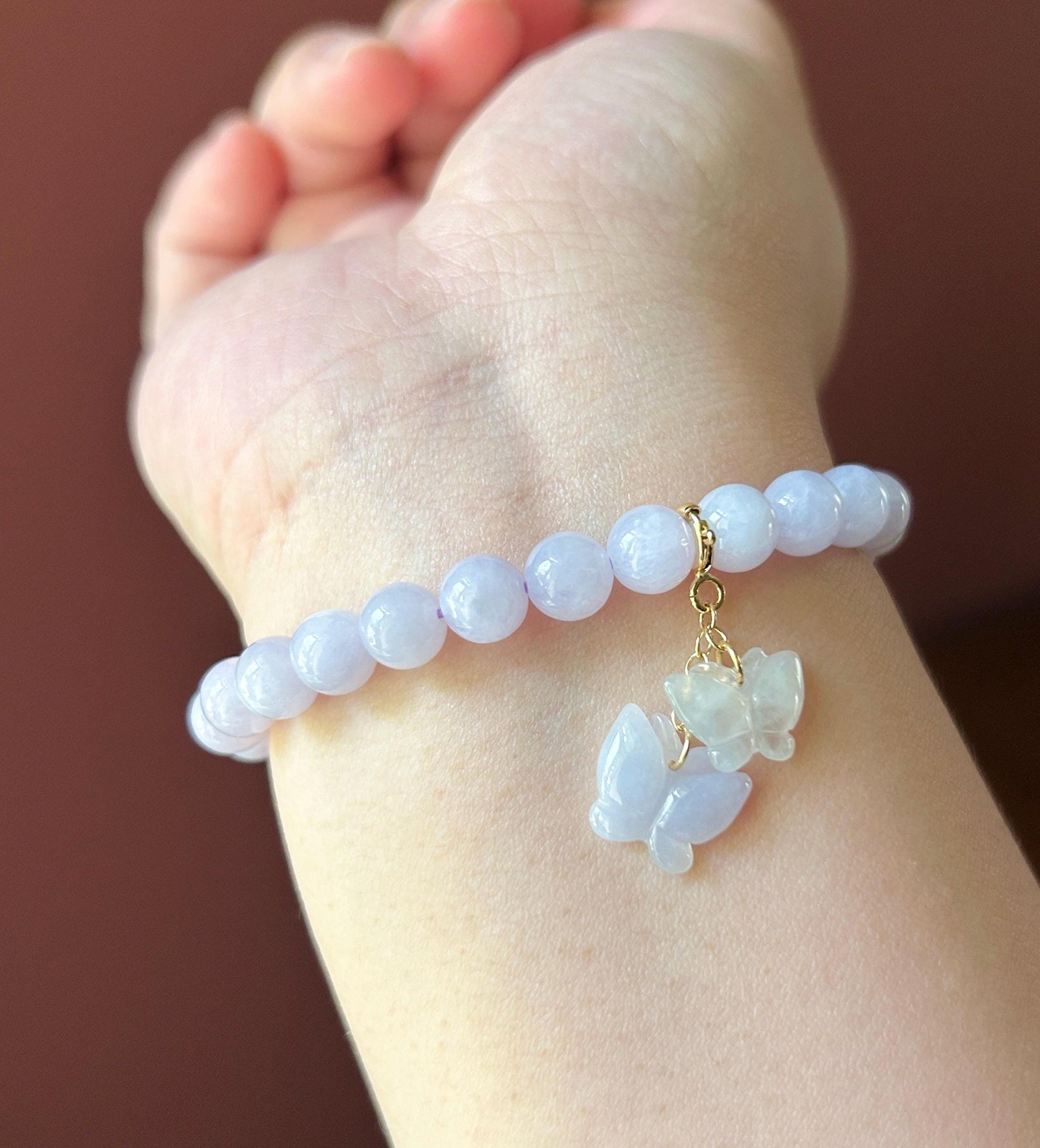 Natural Jadeite Beaded Bracelet Burmese Type A Fine Glutinous Icy Pinkish Lavender Jade 7mm Minimalist Jewelry Butterfly Charm
