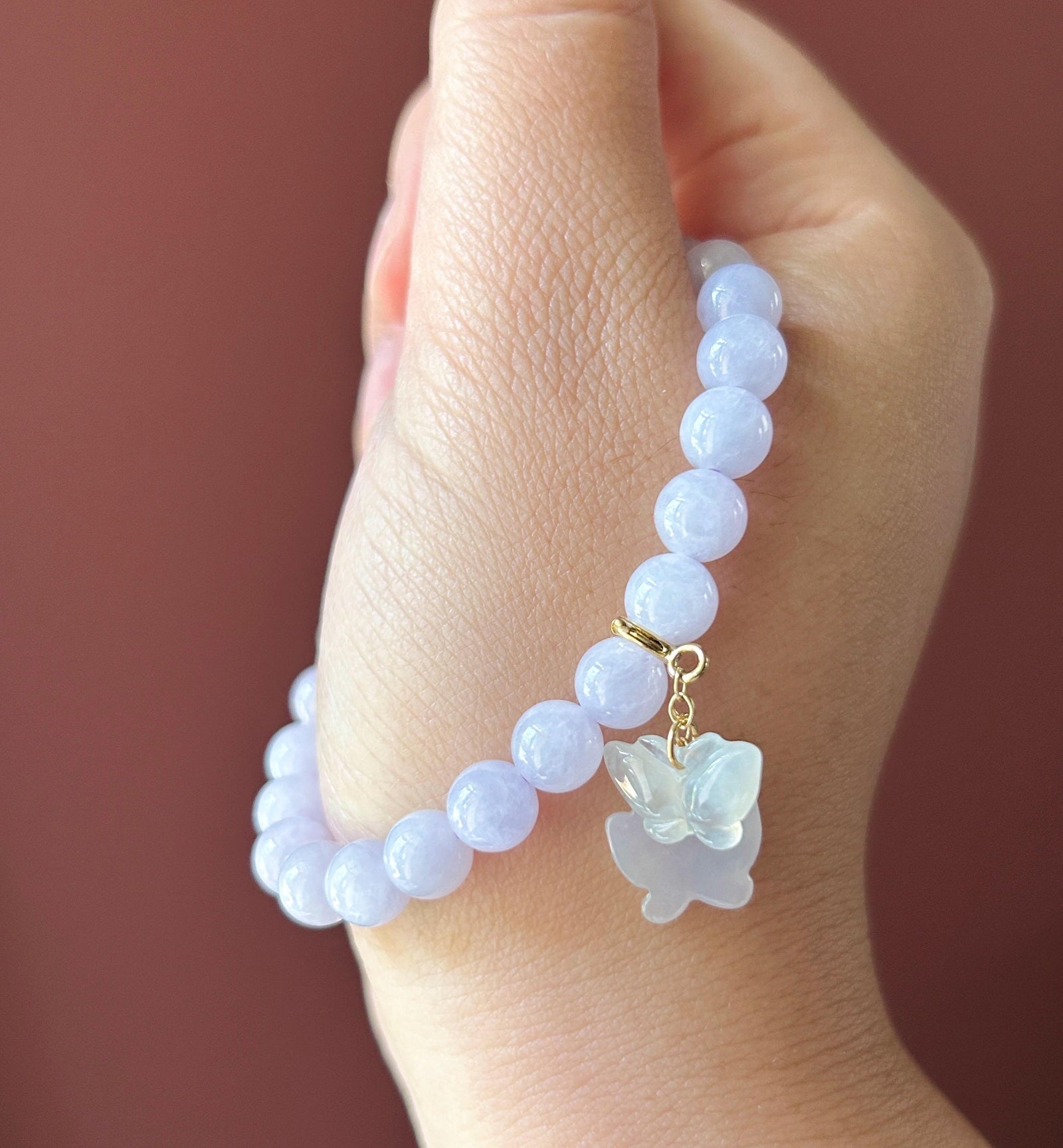Natural Jadeite Beaded Bracelet Burmese Type A Fine Glutinous Icy Pinkish Lavender Jade 7mm Minimalist Jewelry Butterfly Charm
