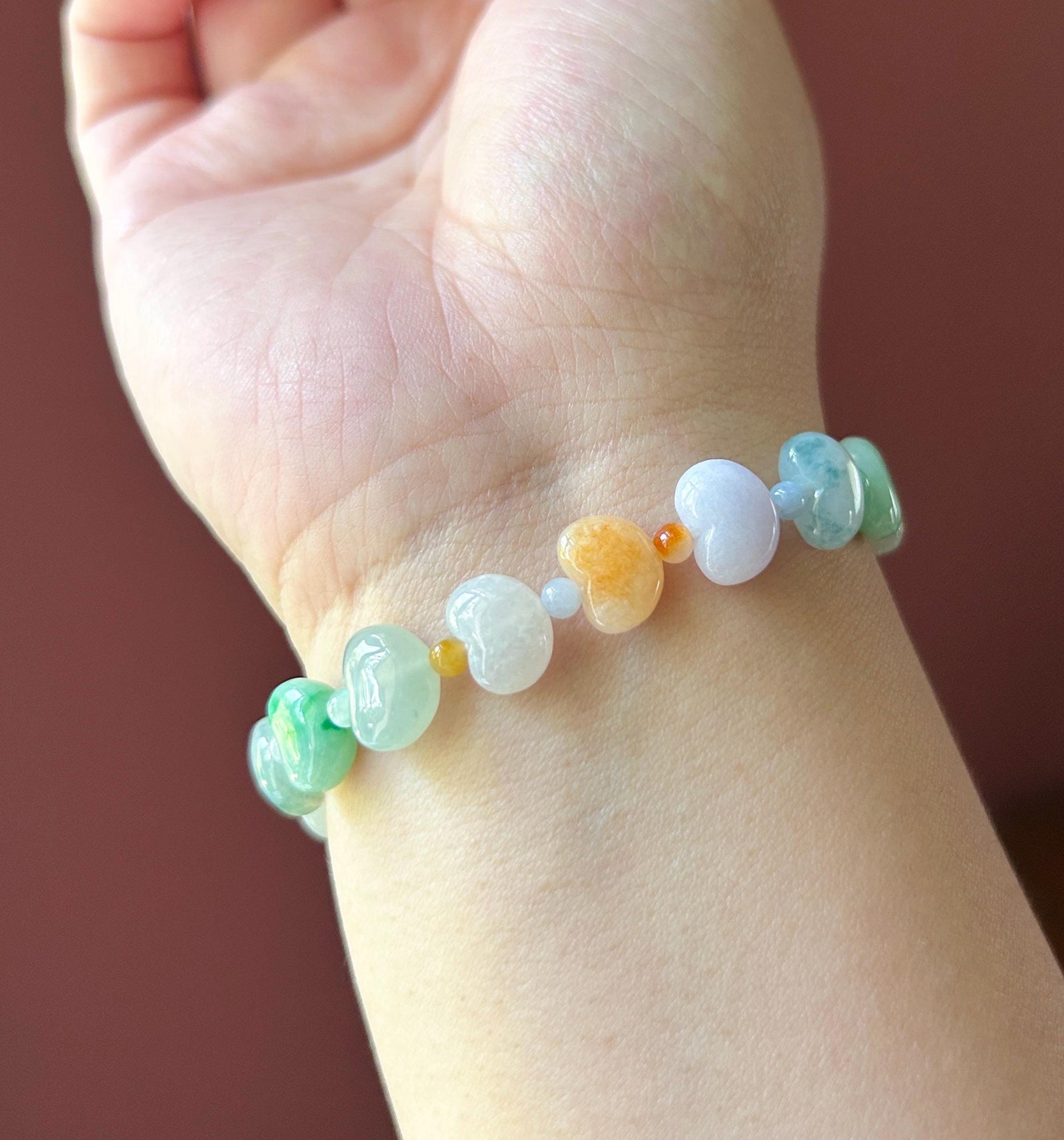 Natural Jadeite Beaded Bracelet Burmese Type A Icy Translucent Multicolor Heart Shaped Jade Beads 11mm