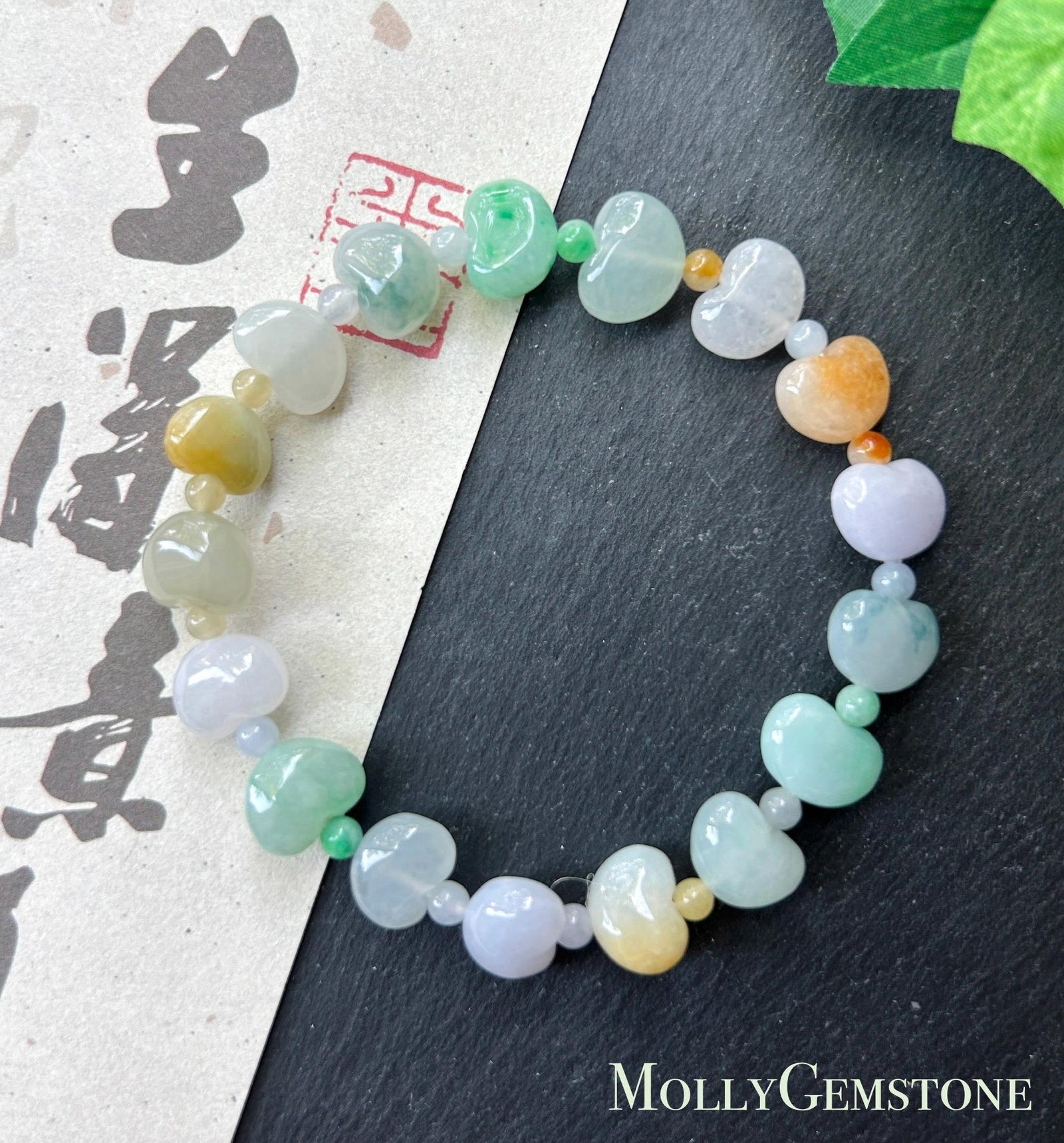 Natural Jadeite Beaded Bracelet Burmese Type A Icy Translucent Multicolor Heart Shaped Jade Beads 11mm
