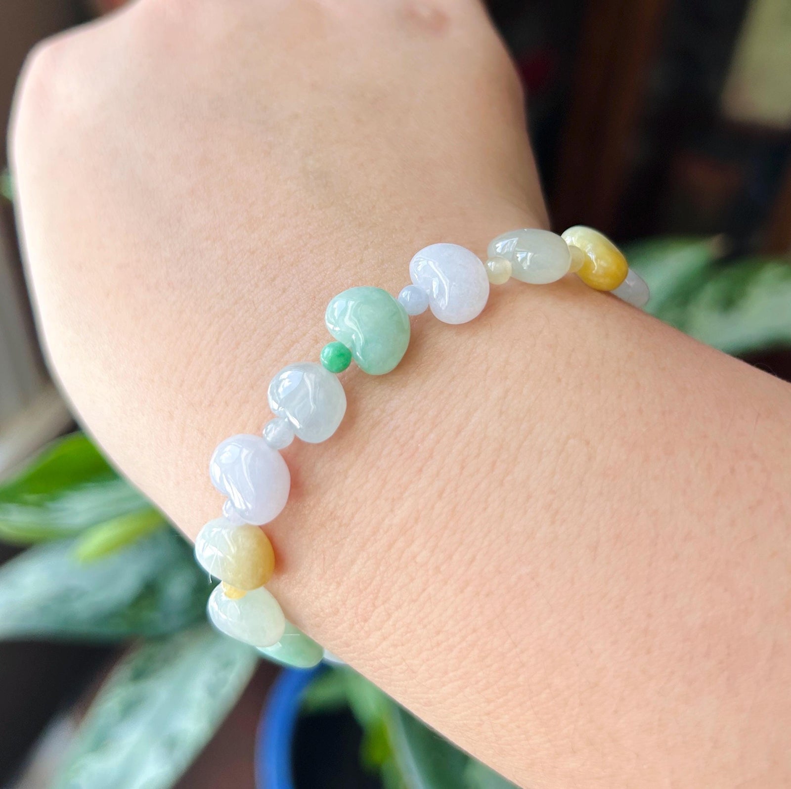 Natural Jadeite Beaded Bracelet Burmese Type A Icy Translucent Multicolor Heart Shaped Jade Beads 11mm