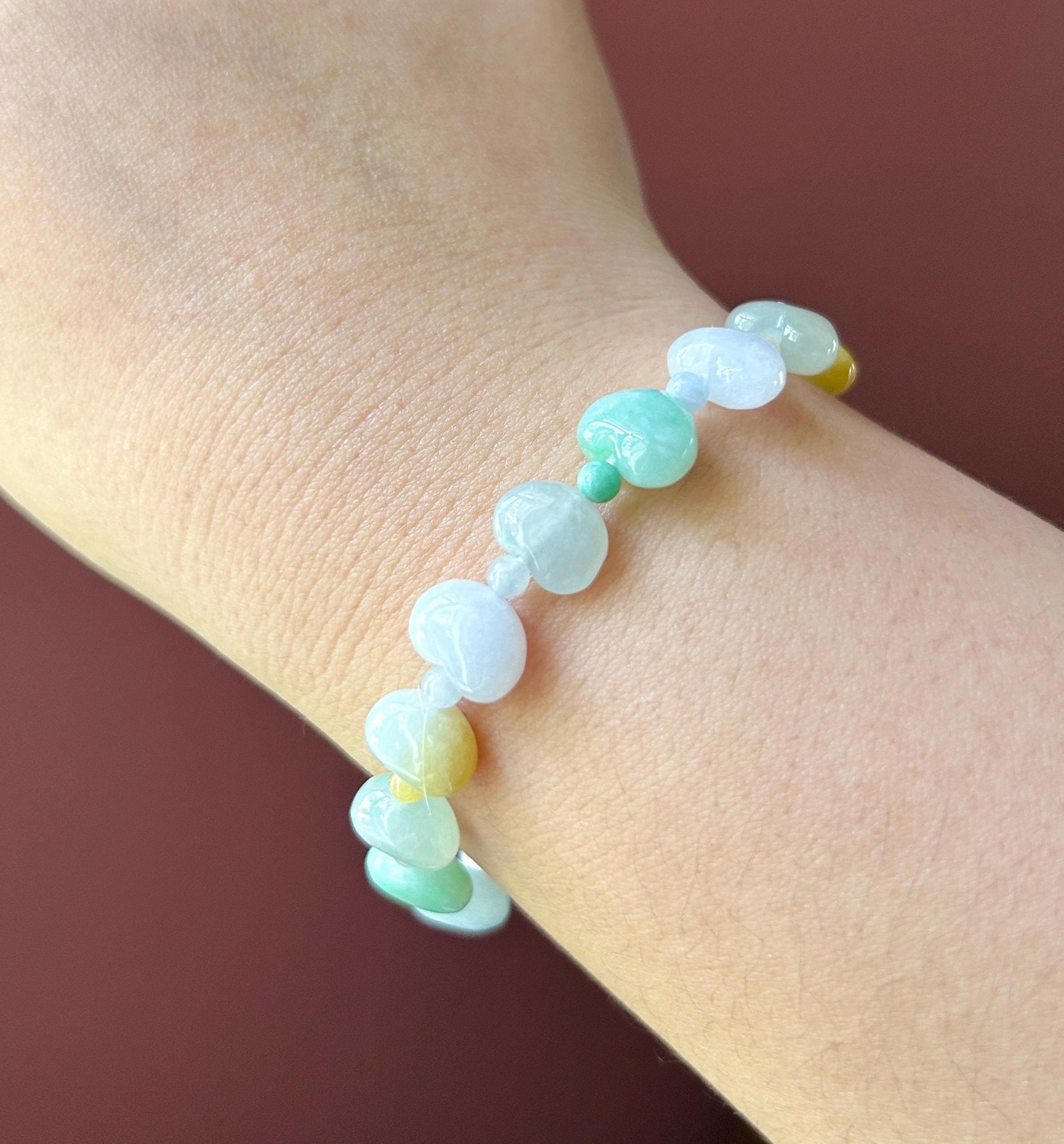 Natural Jadeite Beaded Bracelet Burmese Type A Icy Translucent Multicolor Heart Shaped Jade Beads 11mm