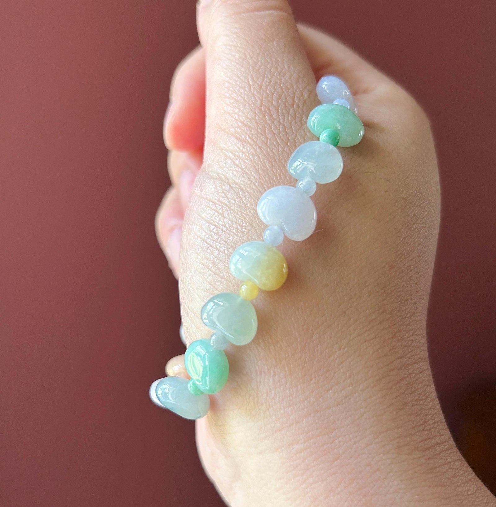 Natural Jadeite Beaded Bracelet Burmese Type A Icy Translucent Multicolor Heart Shaped Jade Beads 11mm