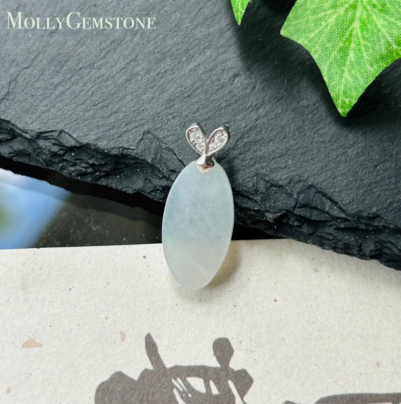 Natural Jadeite Peace Plaque Pendant| Sterling Silver Bail| Burmese Type A Translucent Icy Pale Green or Icy White Jade