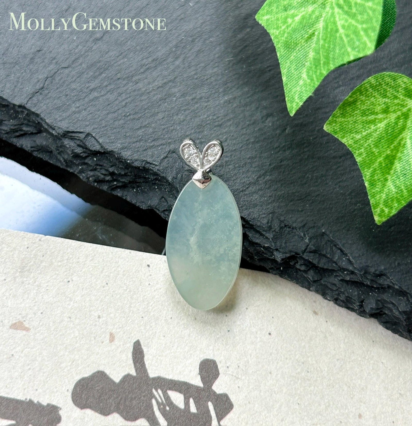 Natural Jadeite Peace Plaque Pendant| Sterling Silver Bail| Burmese Type A Translucent Icy Pale Green or Icy White Jade