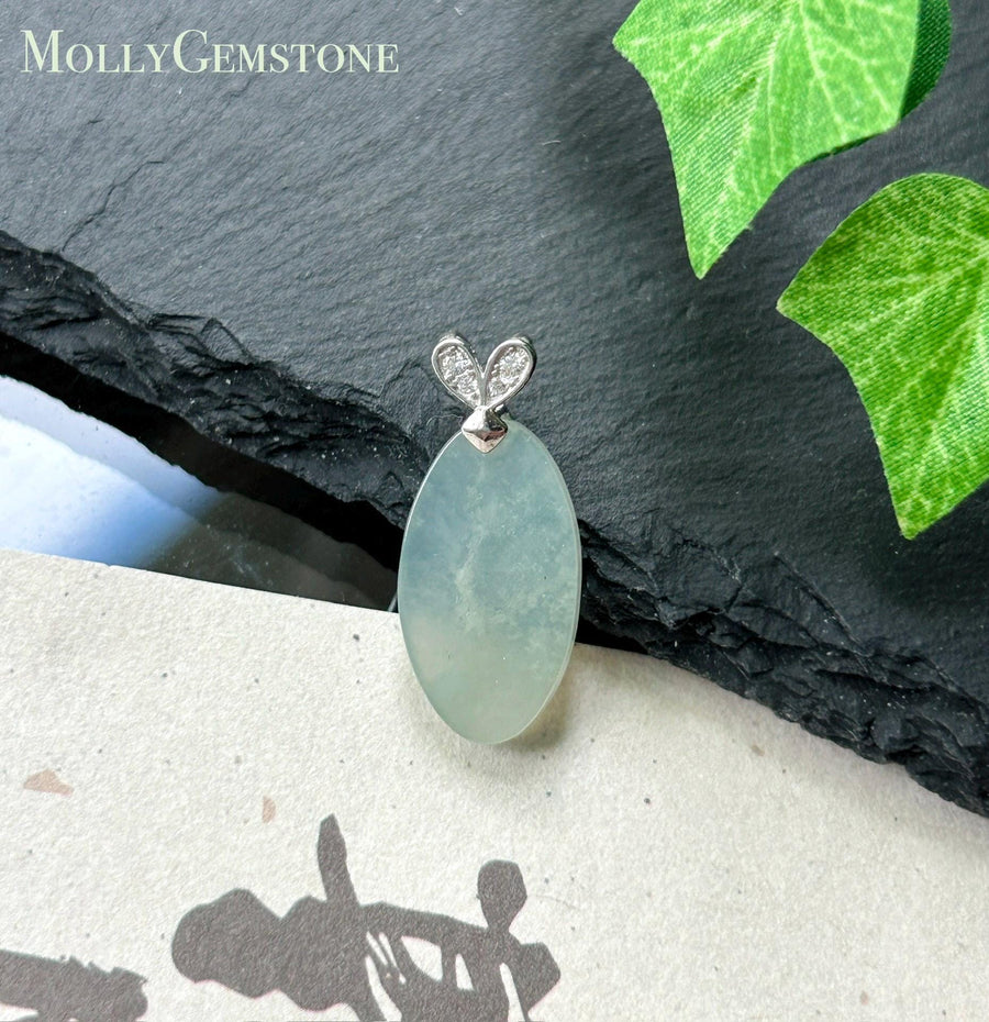 Natural Jadeite Peace Plaque Pendant| Sterling Silver Bail| Burmese Type A Translucent Icy Pale Green or Icy White Jade