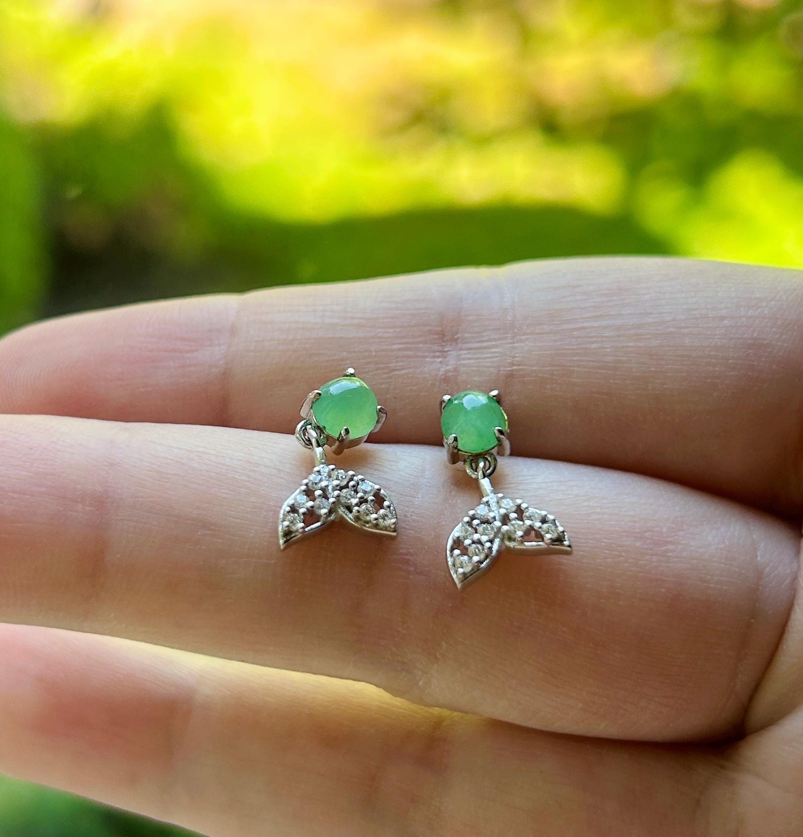 Natural Jadeite Stud Earrings: Burmese Type A Untreated Highly Translucent Icy Green Jade, Sterling Silver