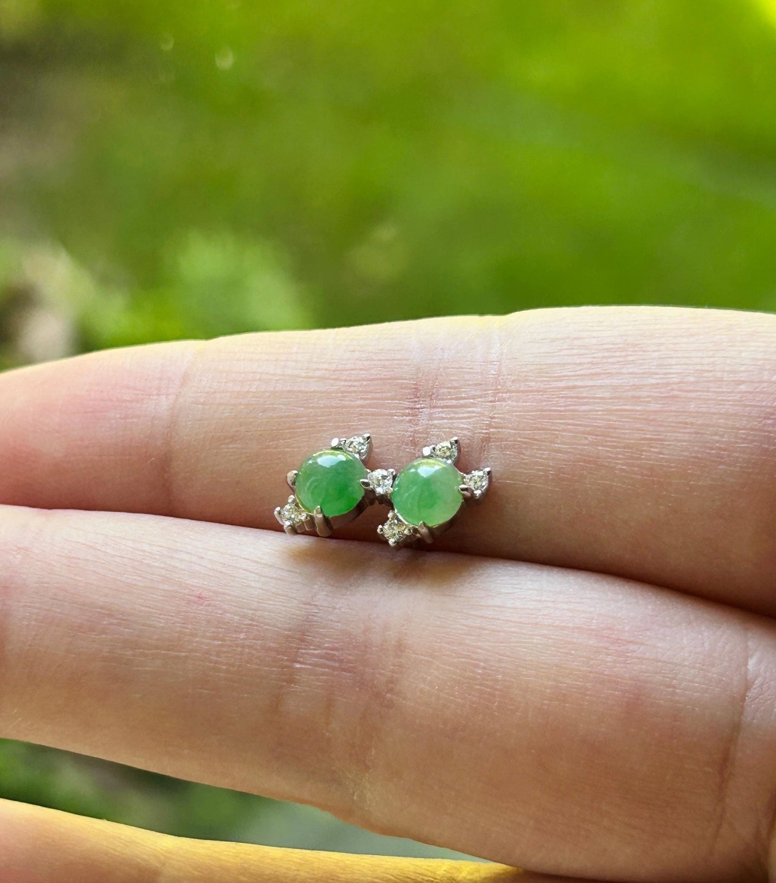 Natural Jadeite Stud Earrings: Burmese Type A Untreated Highly Translucent Icy Green Jade, Sterling Silver