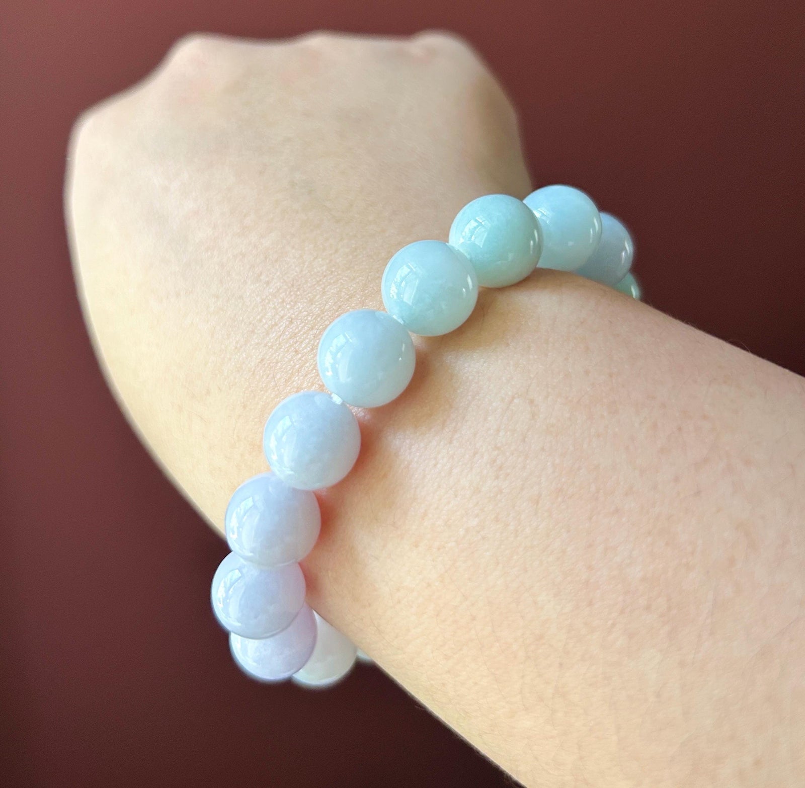 Natural Jadeite Beaded Bracelet Burmese Type A Untreated Icy Translucent Pastel Lavender & Green Gradient Jade 11.3mm BIG Beads