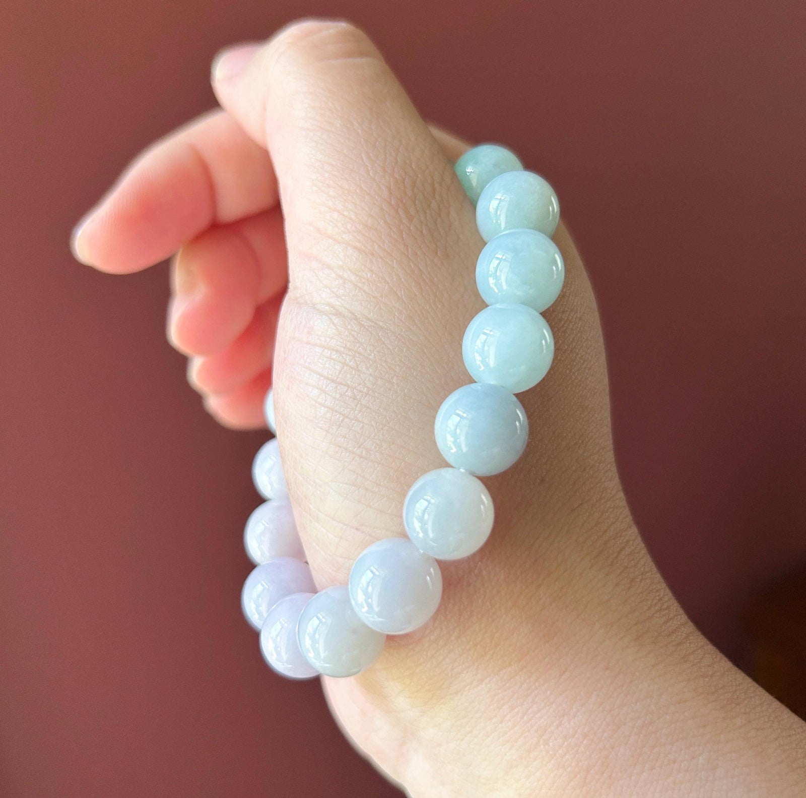Natural Jadeite Beaded Bracelet Burmese Type A Untreated Icy Translucent Pastel Lavender & Green Gradient Jade 11.3mm BIG Beads