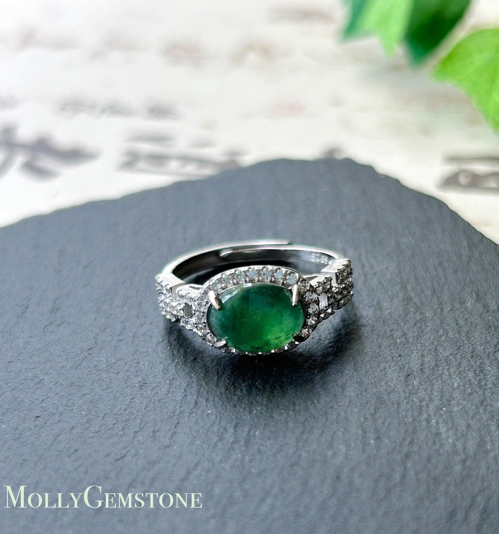 Natural Jadeite Cabochon Ring | Burmese Type A Highly Translucent Icy Dark Green Jade Sterling Silver | Minimalist Jewelry