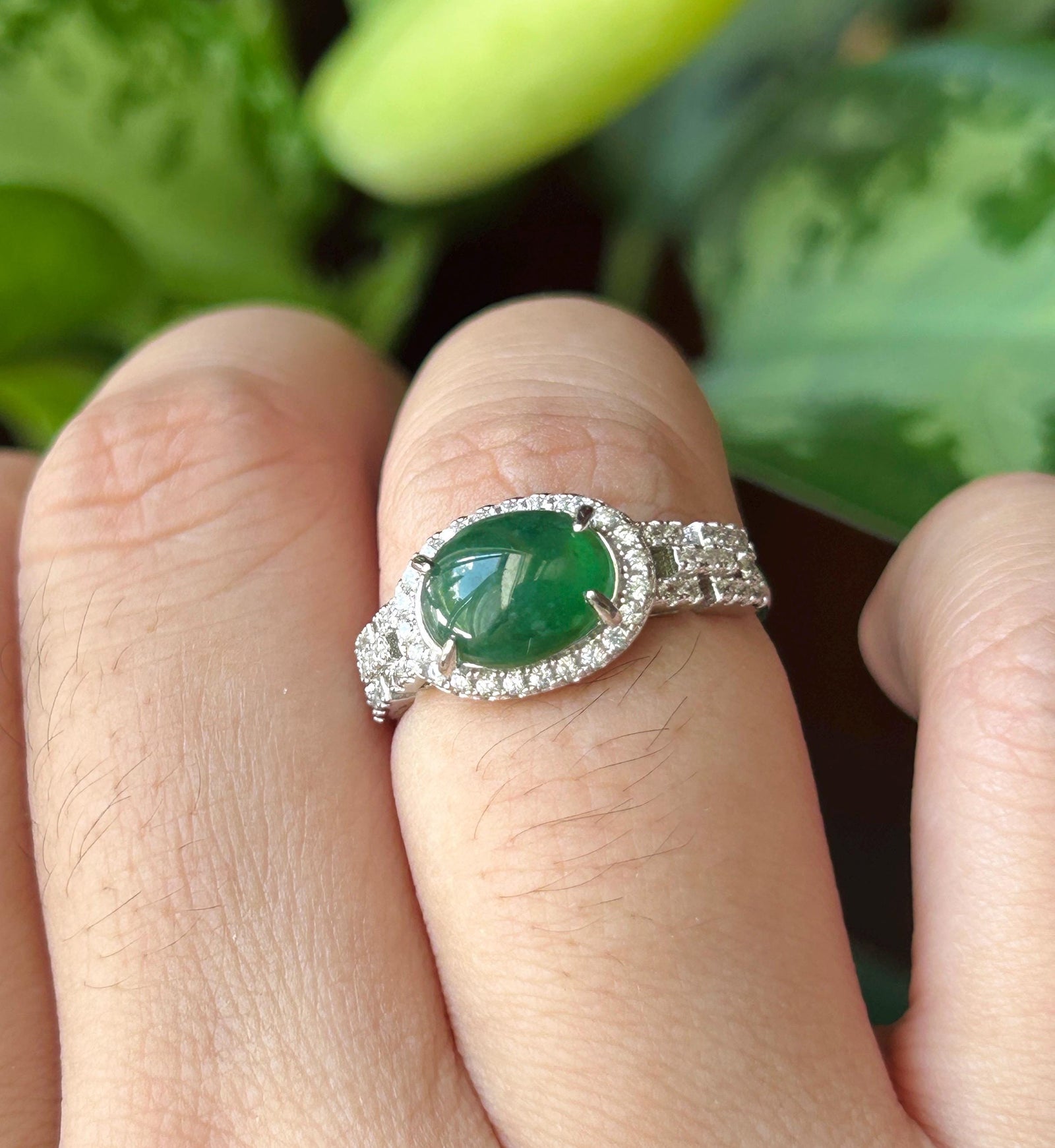 Natural Jadeite Cabochon Ring | Burmese Type A Highly Translucent Icy Dark Green Jade Sterling Silver | Minimalist Jewelry
