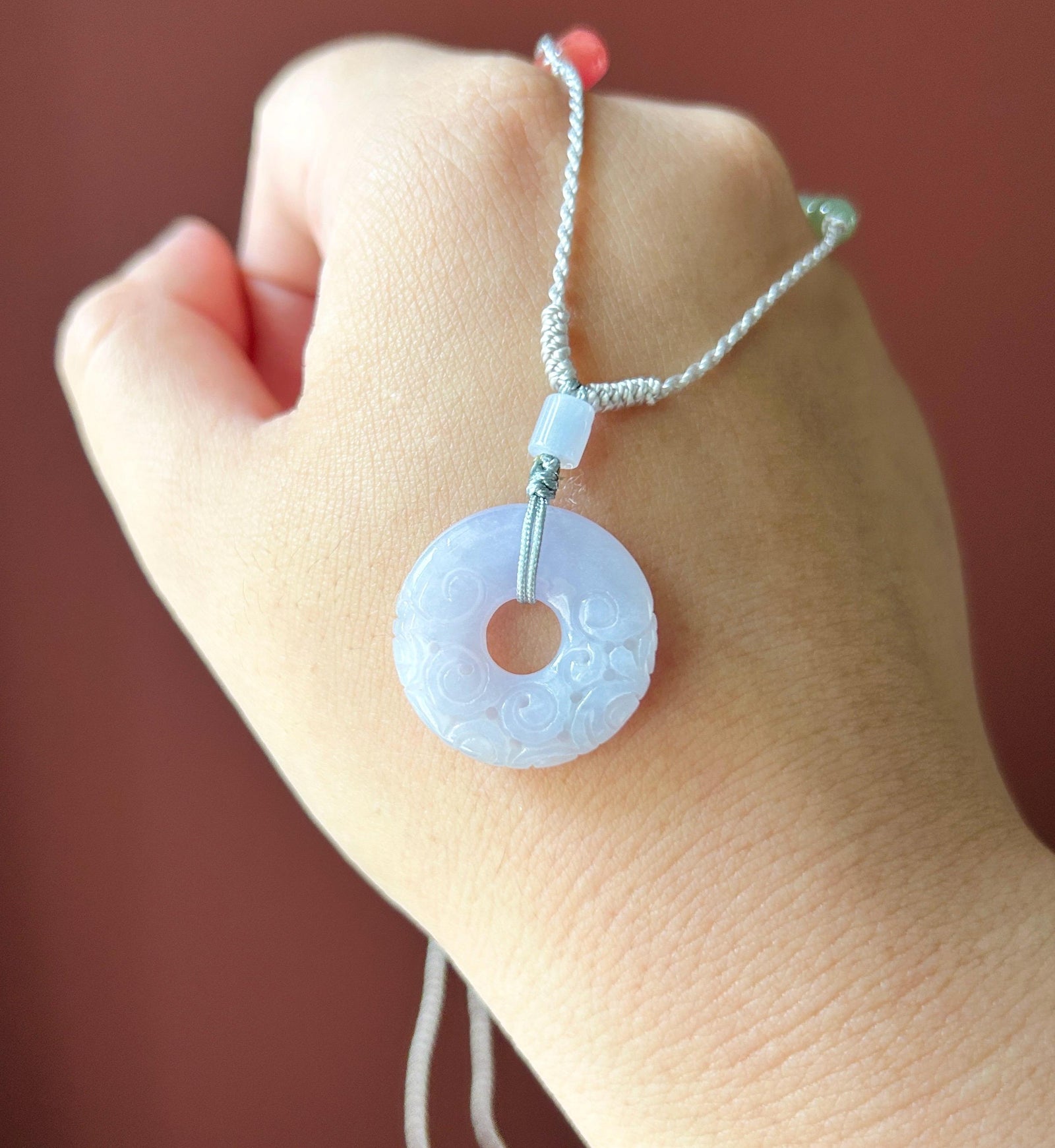 Certified Natural Jadeite Carved Donut Pendant Handwoven Necklace Burmese Type A Highly Translucent Icy Pinkish Purple Jade 22.8 x 4.7mm