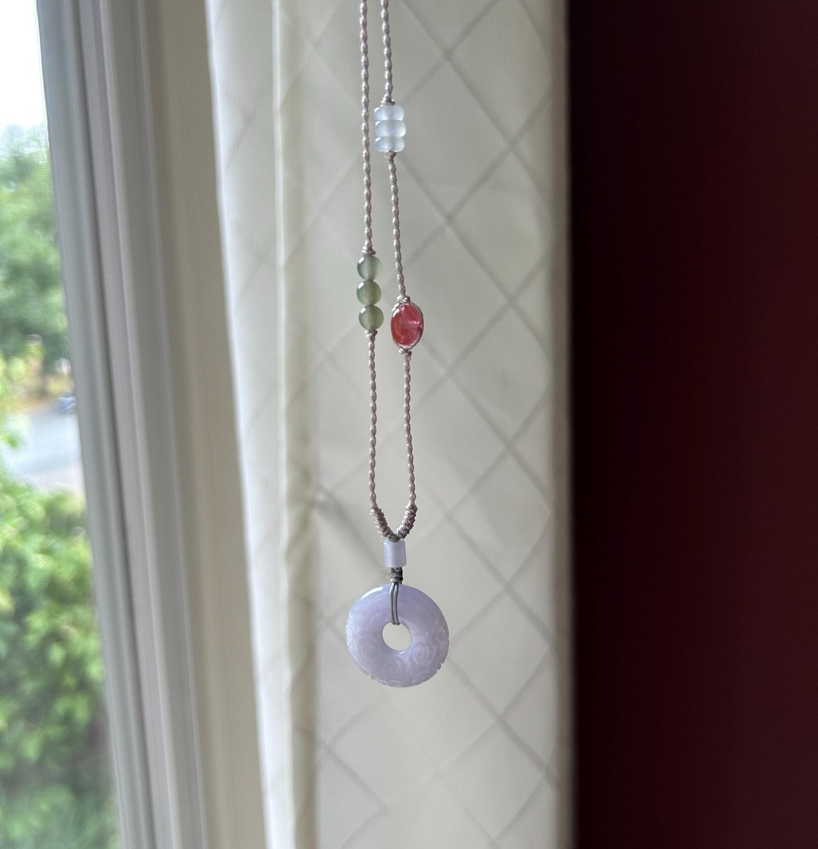 Certified Natural Jadeite Carved Donut Pendant Handwoven Necklace Burmese Type A Highly Translucent Icy Pinkish Purple Jade 22.8 x 4.7mm
