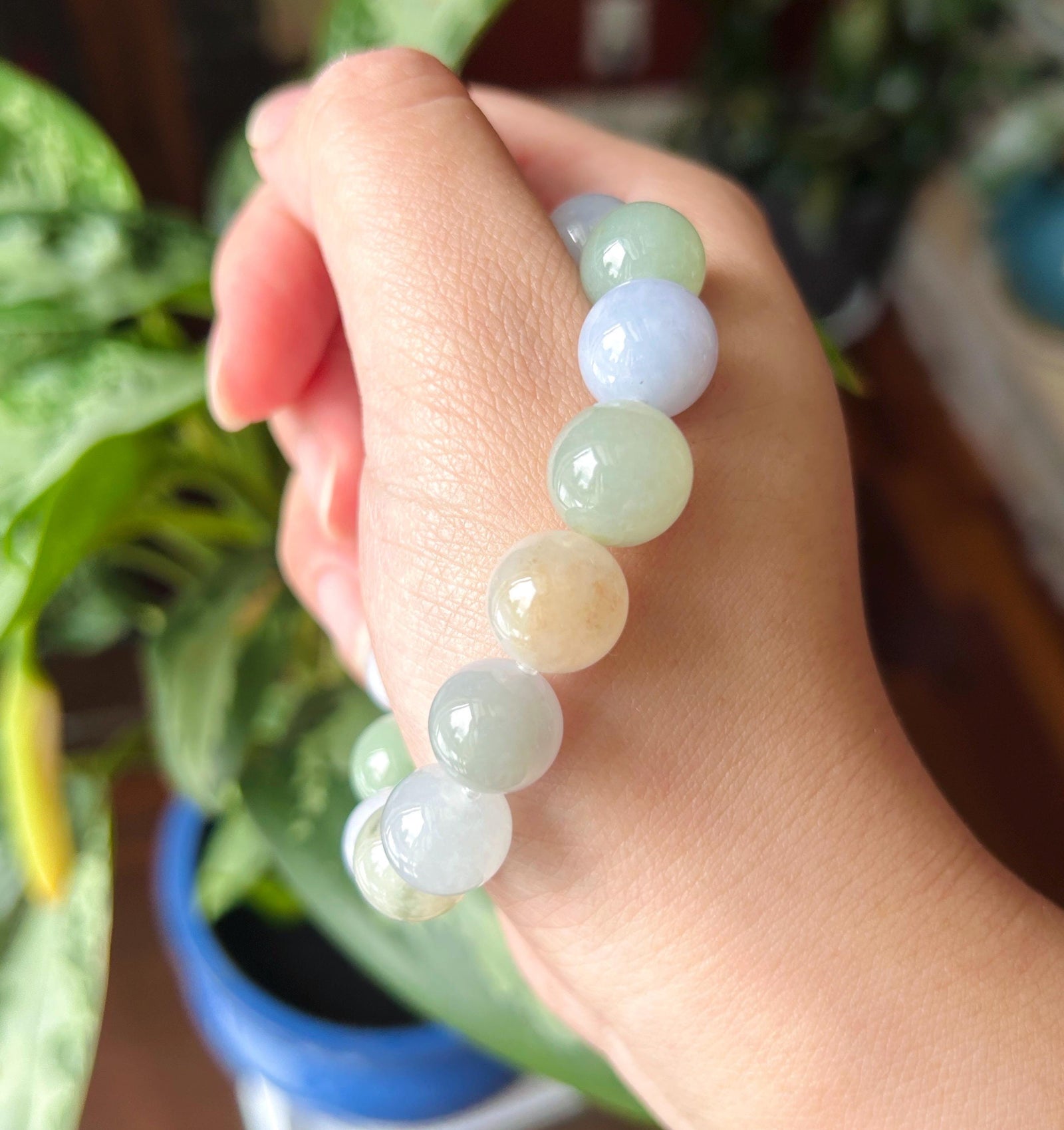 Natural Jadeite Beaded Bracelet, Burmese Type A Fine Translucent Icy Glutinous Macaron Multicolor Jade, 12.5mm