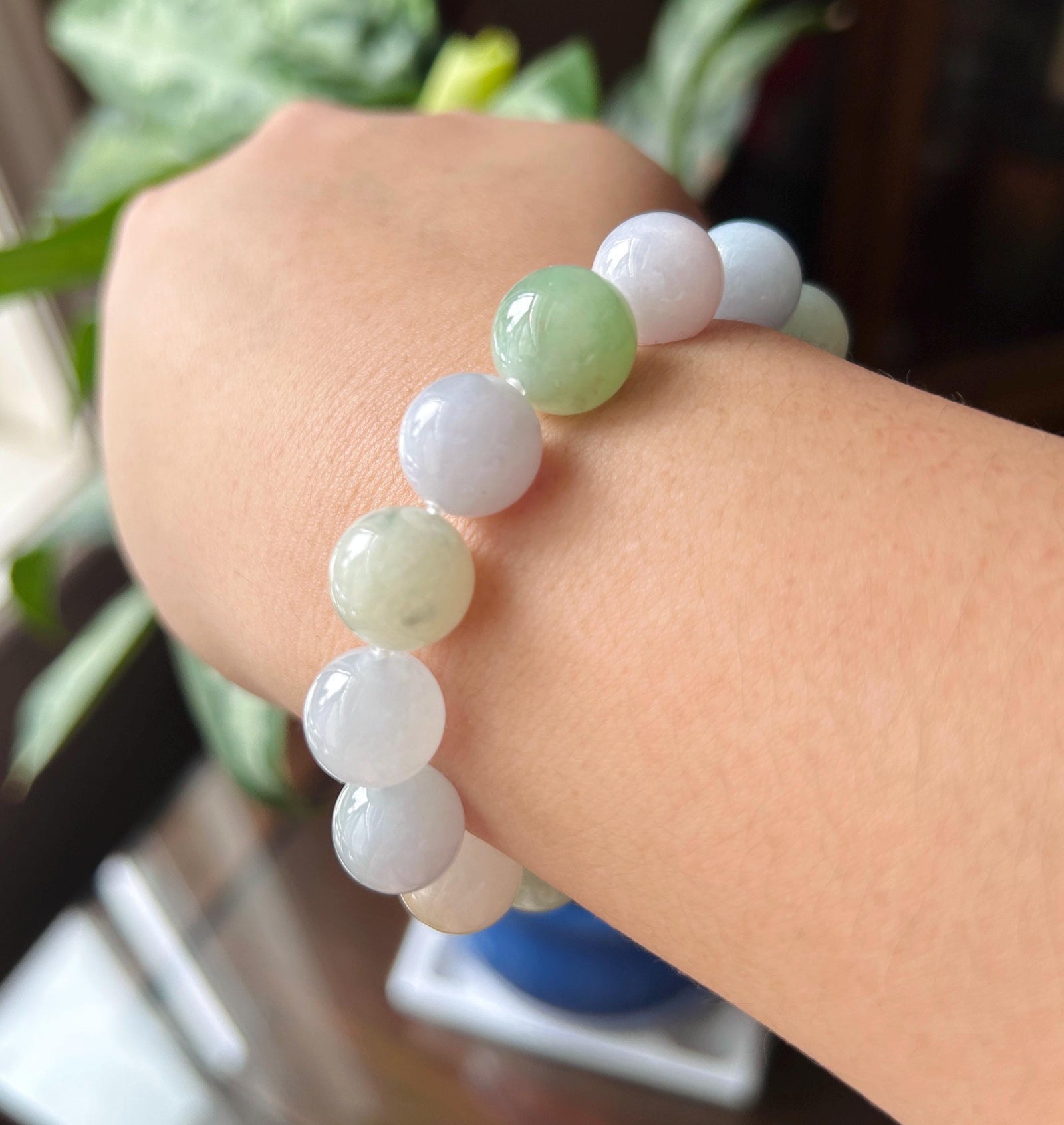 Natural Jadeite Beaded Bracelet, Burmese Type A Fine Translucent Icy Glutinous Macaron Multicolor Jade, 12.5mm