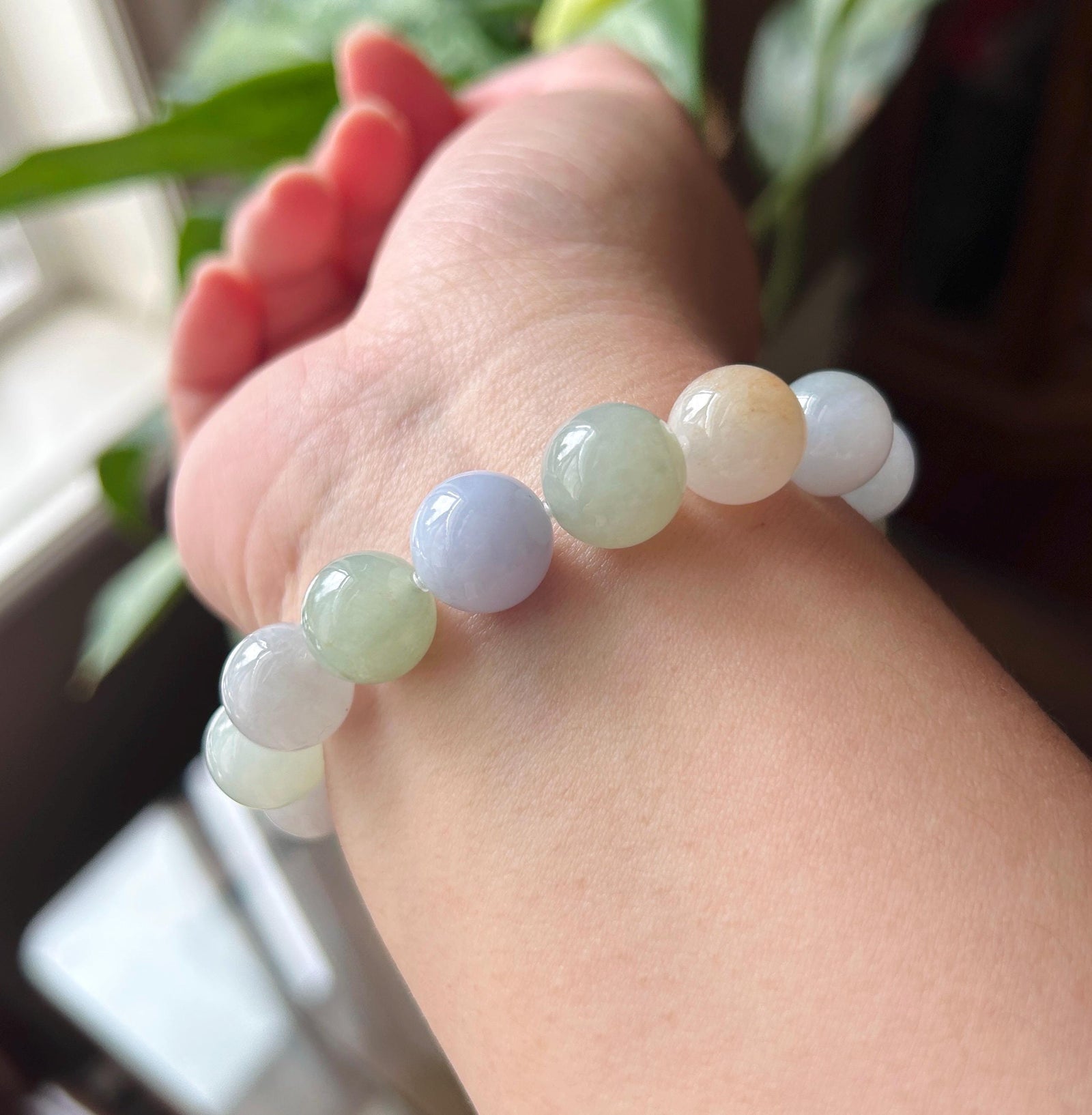 Natural Jadeite Beaded Bracelet, Burmese Type A Fine Translucent Icy Glutinous Macaron Multicolor Jade, 12.5mm