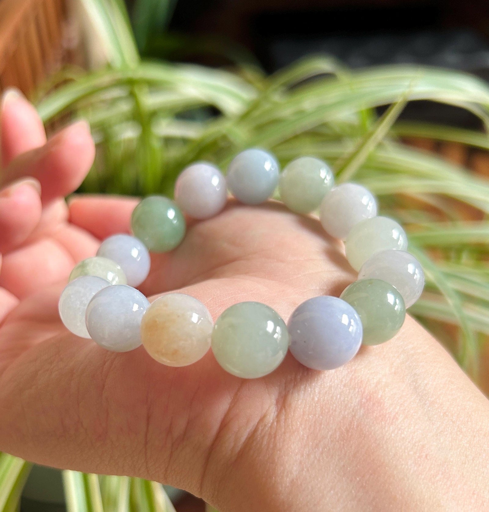 Natural Jadeite Beaded Bracelet, Burmese Type A Fine Translucent Icy Glutinous Macaron Multicolor Jade, 12.5mm